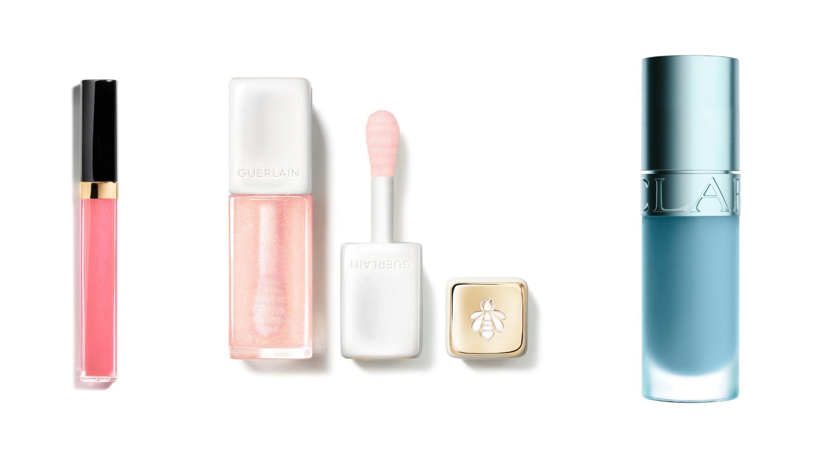 Chanel, Rouge Coco Hydra Gloss; Guerlain, Kisskiss Bee Glow Plump; Clarins, Lip Comfort Oil Cryo - Credits: Courtesy Press Office