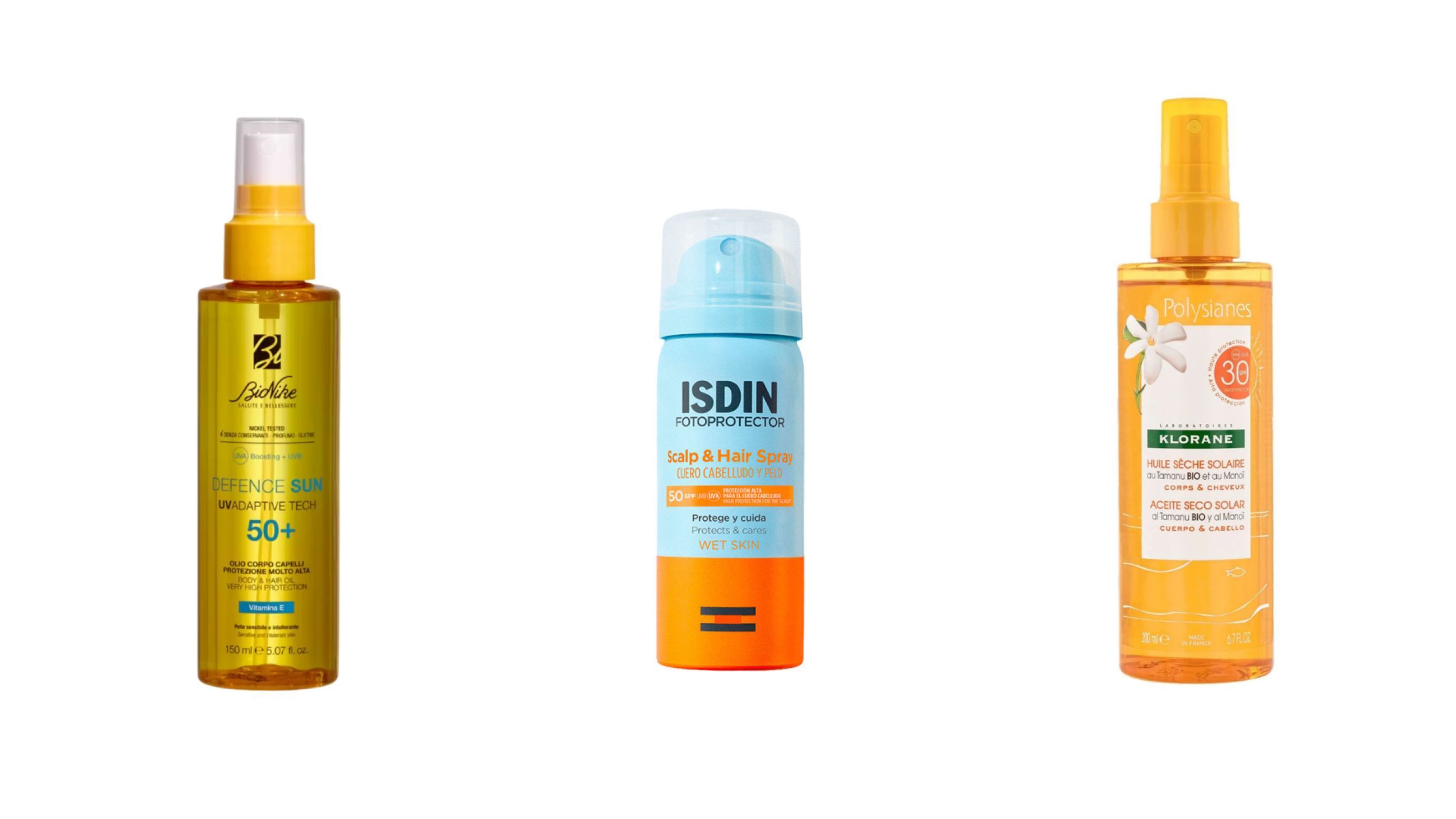 Da sinistra: BioNike Defence Sun UVAdaptive Tech Olio Corpo Capelli SPF 50+; ISDIN Fotoprotector Scalp & Hair Spray SPF 50; Klorane Olio Secco Solare SPF 30 con Tamanu BIO e Monoï - Courtesy Press Office