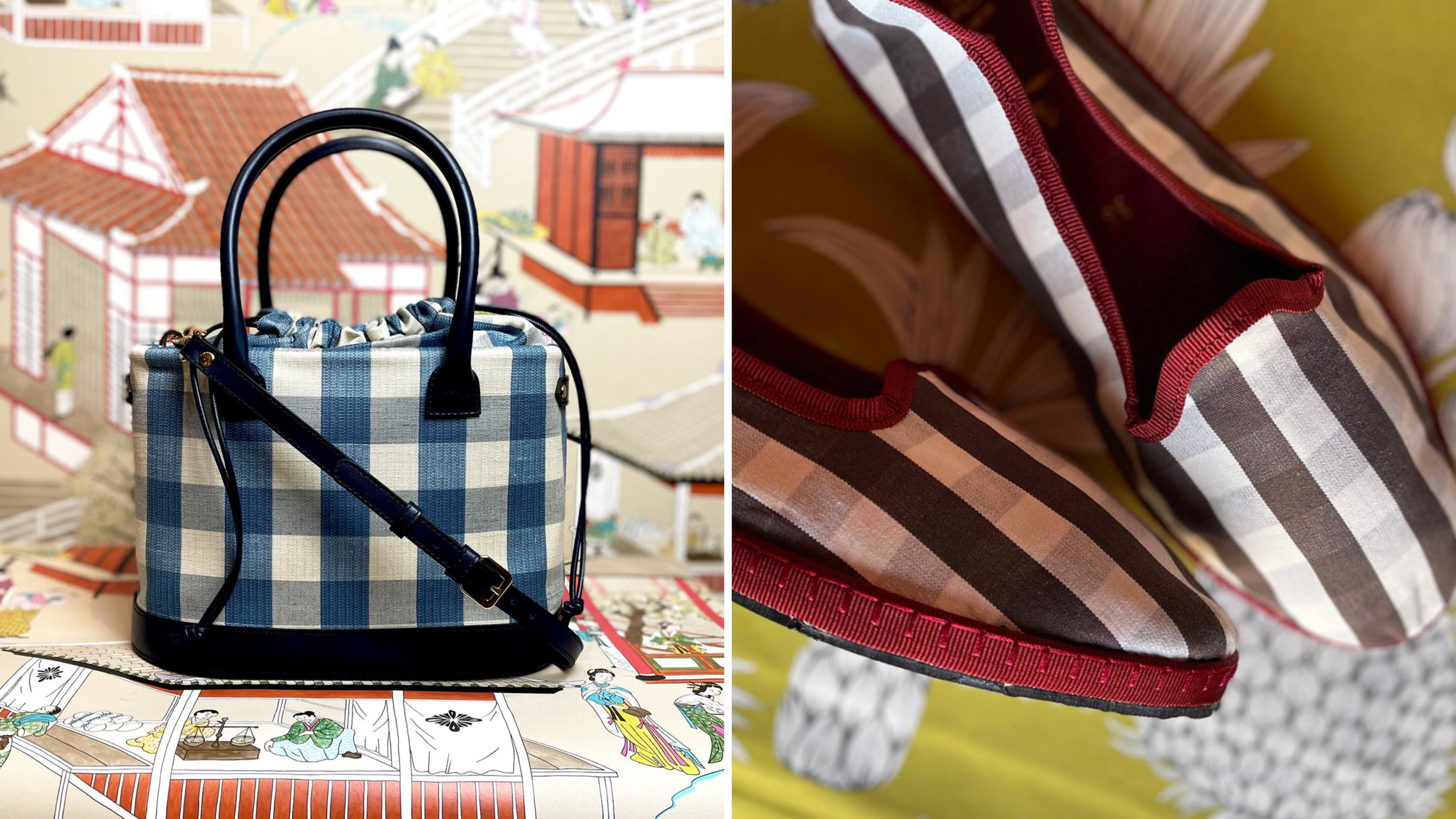 Dall'atelier Marta Ferri - Borsa bauletto Vichy con quadretti over; Friulane Vichy con profilo rosso - SS25
Credits: Dal sito ufficiale dell’atelier Marta Ferri: www.martaferri.com 