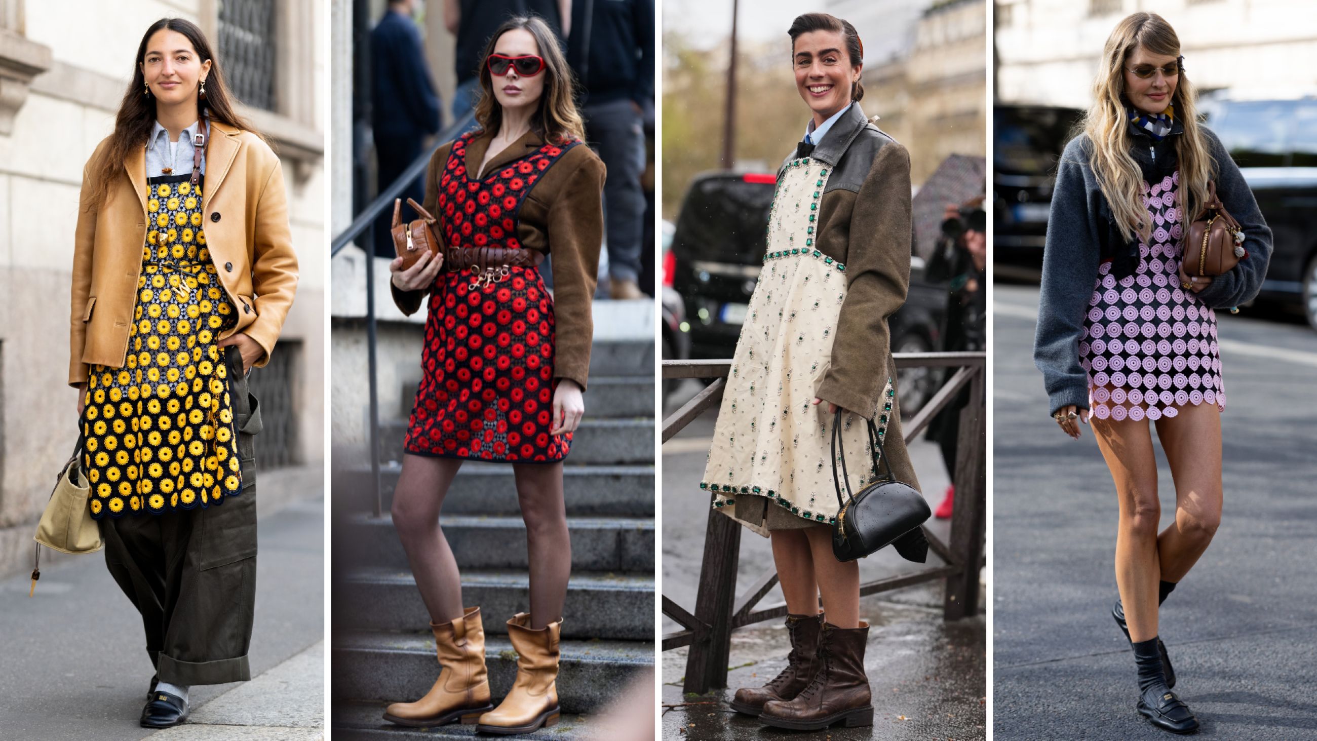 Da sinistra: Marta Oldrini durante la Milano Design Week 2026; Paris Fashion Week - Collezione Donna Autunno/Inverno 2026/2027; Vicky Montanari durante la Paris Fashion Week - Womenswear Autunno/Inverno 2026/2027; Elle Ferguson durante la Paris Fashion Week - Womenswear Autunno/Inverno 2026/2027 - Credits Getty Images