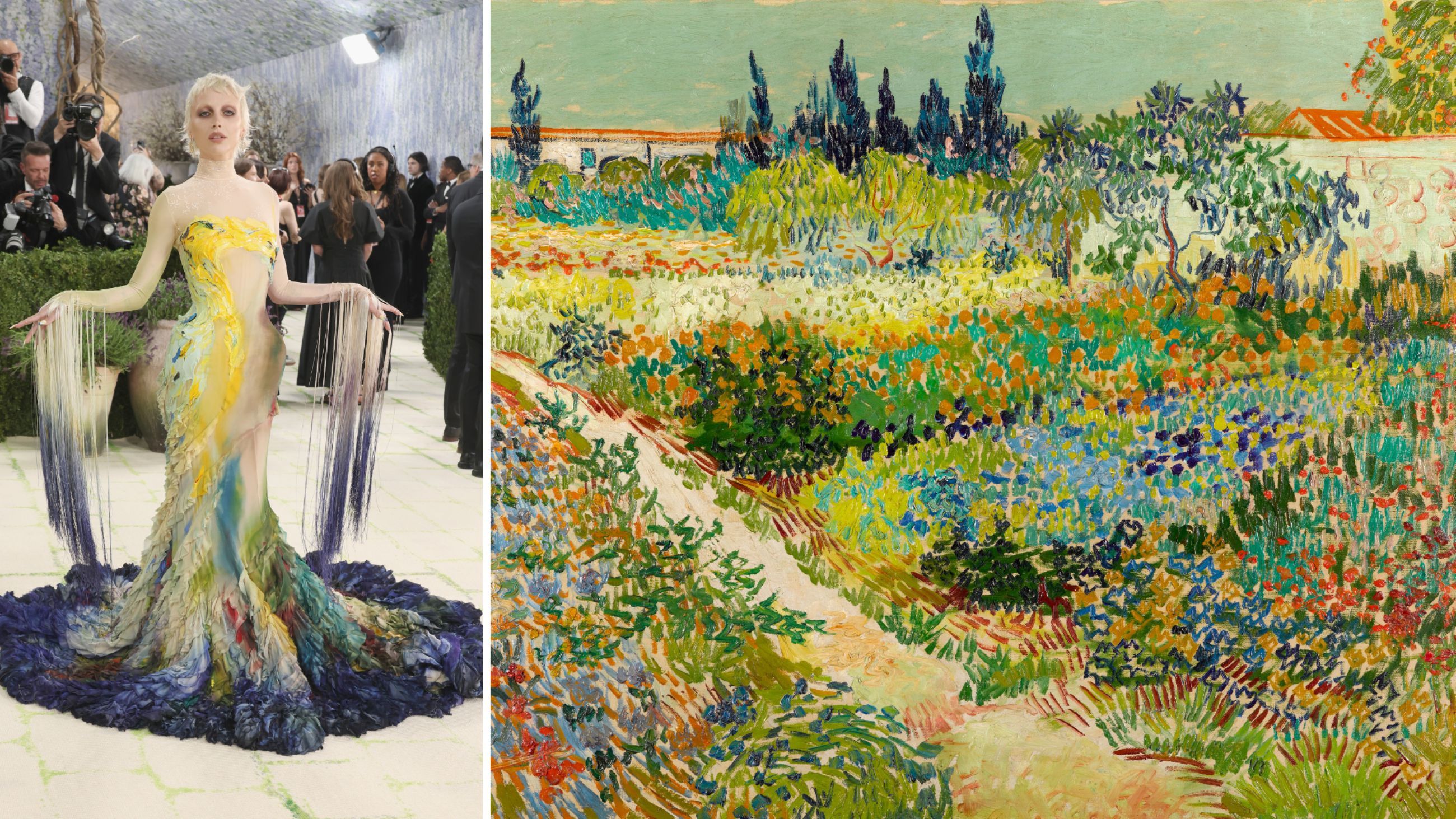 A sinistra: Emma Chamberlain al Met Gala 2026 - Credits Getty Images; a destra: Il giardino di Arles, Vincent Van Gogh, 1889
