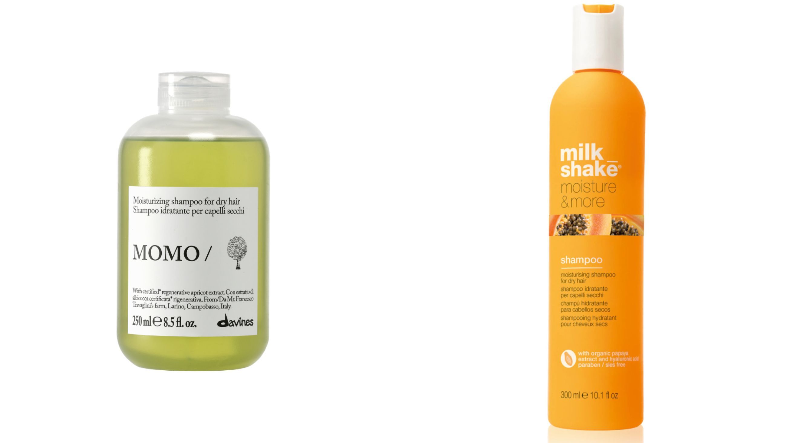 Da sinistra: Davines, Momo Shampoo; Milshake, Moisture & More Shampoo - Courtesy Press Office