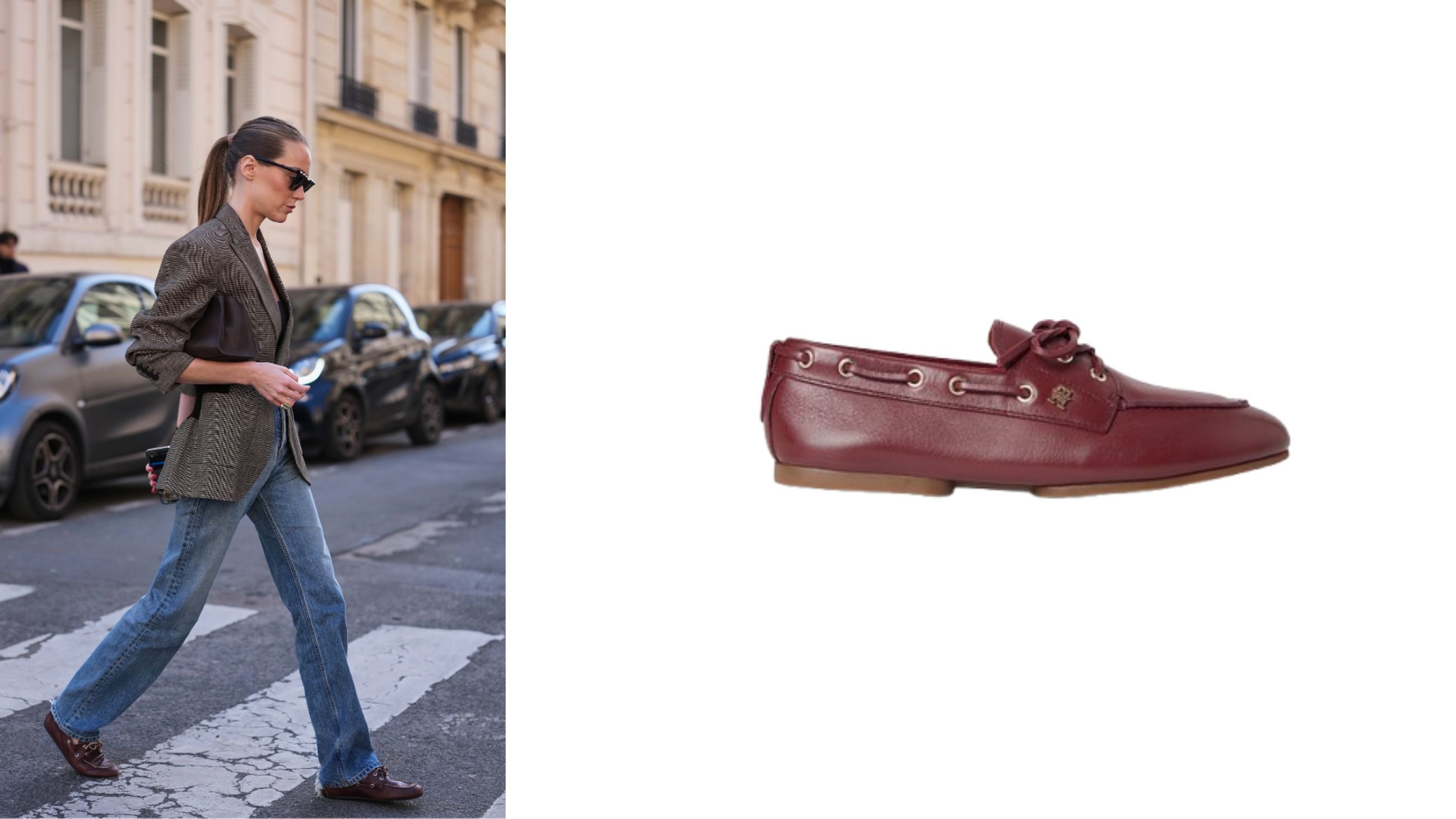 Da sinistra: Paris Fashion Week - Womenswear Autunno/Inverno 2026/2027 - Credits Getty Images; Tommy Hilfiger scarpe da barca in pelle con monogramma TH - Credits Brand/Press Office