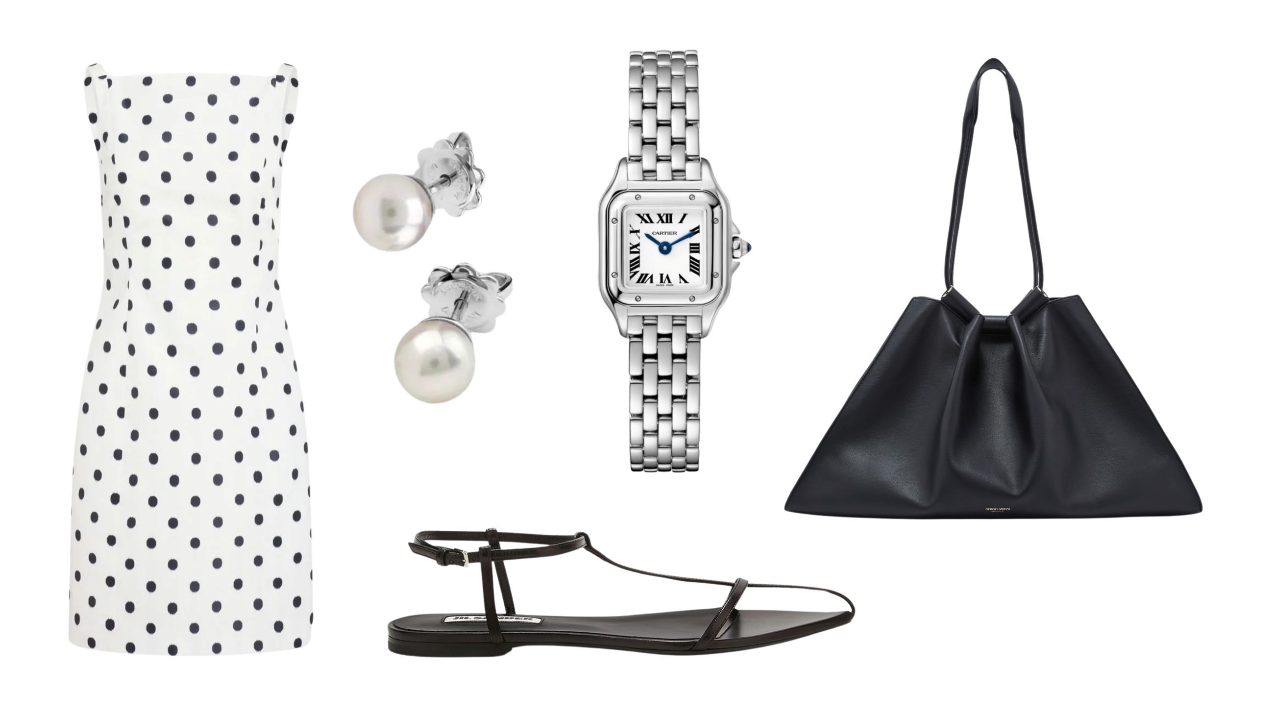 Abito, Patou; sandali, Jil Sander; borsa, Giorgio Armani; orecchini, Damiani; orologio, Cartier
