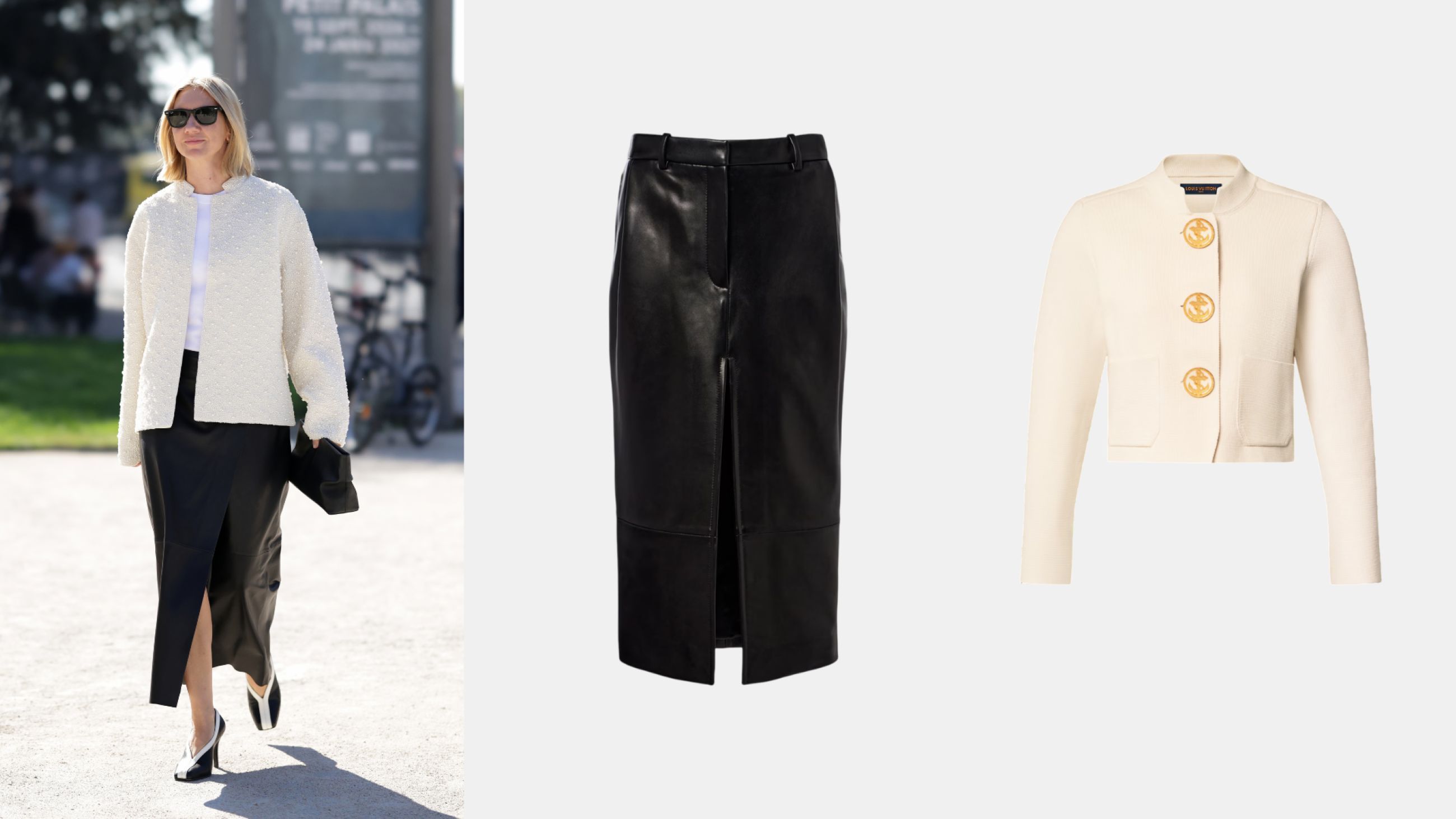 Da sinistra: Credits Getty Images; Gonna Khaite; Giacca Louis Vuitton