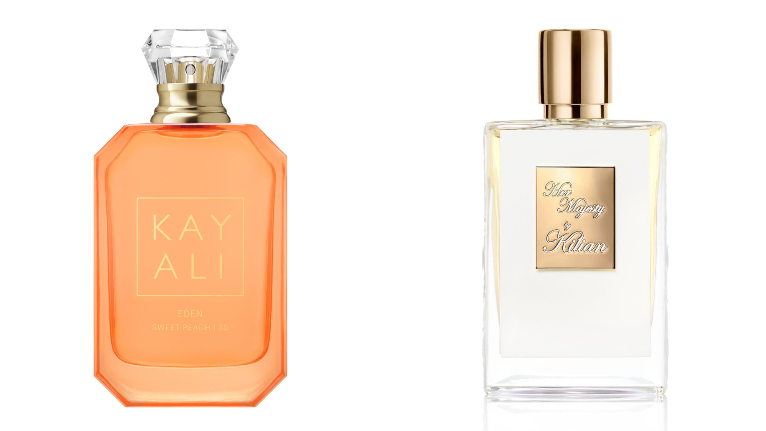 Da sinistra: Kayali, Eden Sweet Peach; By Kilian, Her Majesty – Courtesy Press Office