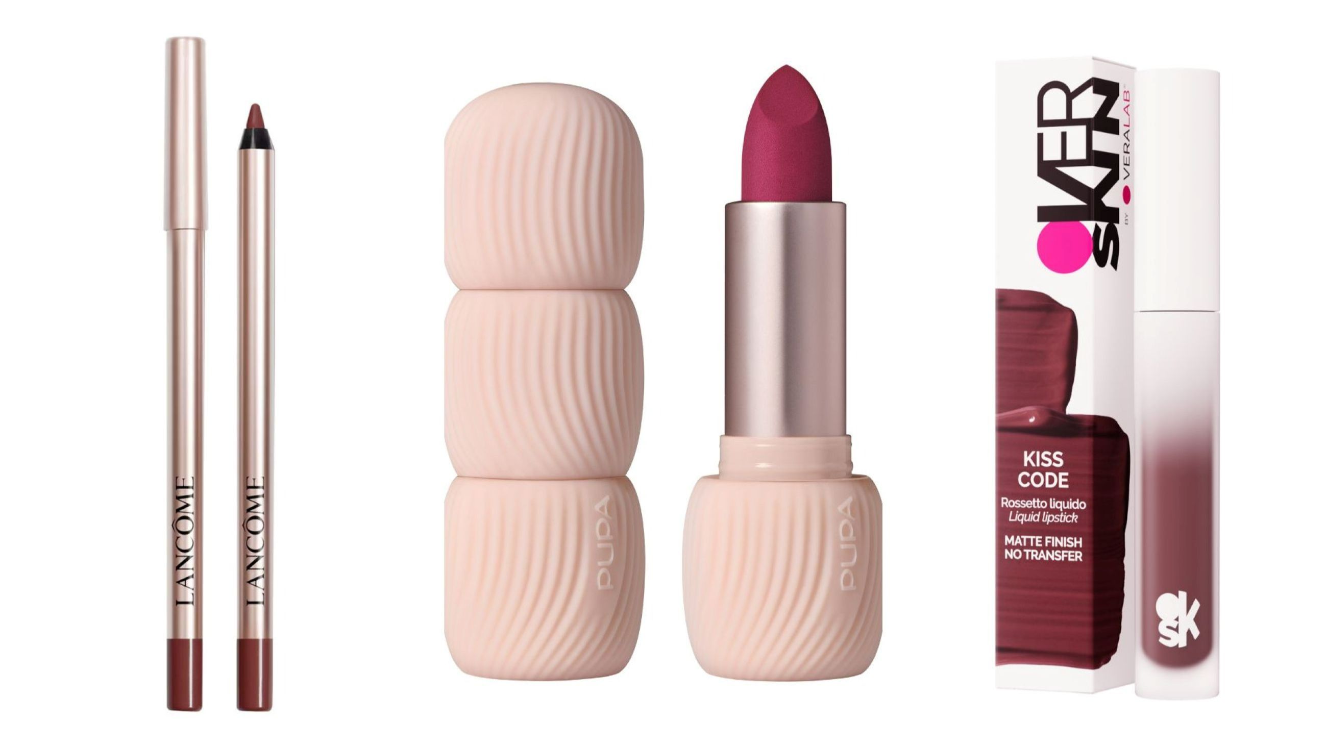 Lancôme, Idôle Matita Labbra Soft Matte Million Dollar Berry; PUPA Milano, My Crush Lipstick Forbidden Love; Overskin, Rossetto Liquido Kiss Code Deep Burgundy - Courtesy Press Office