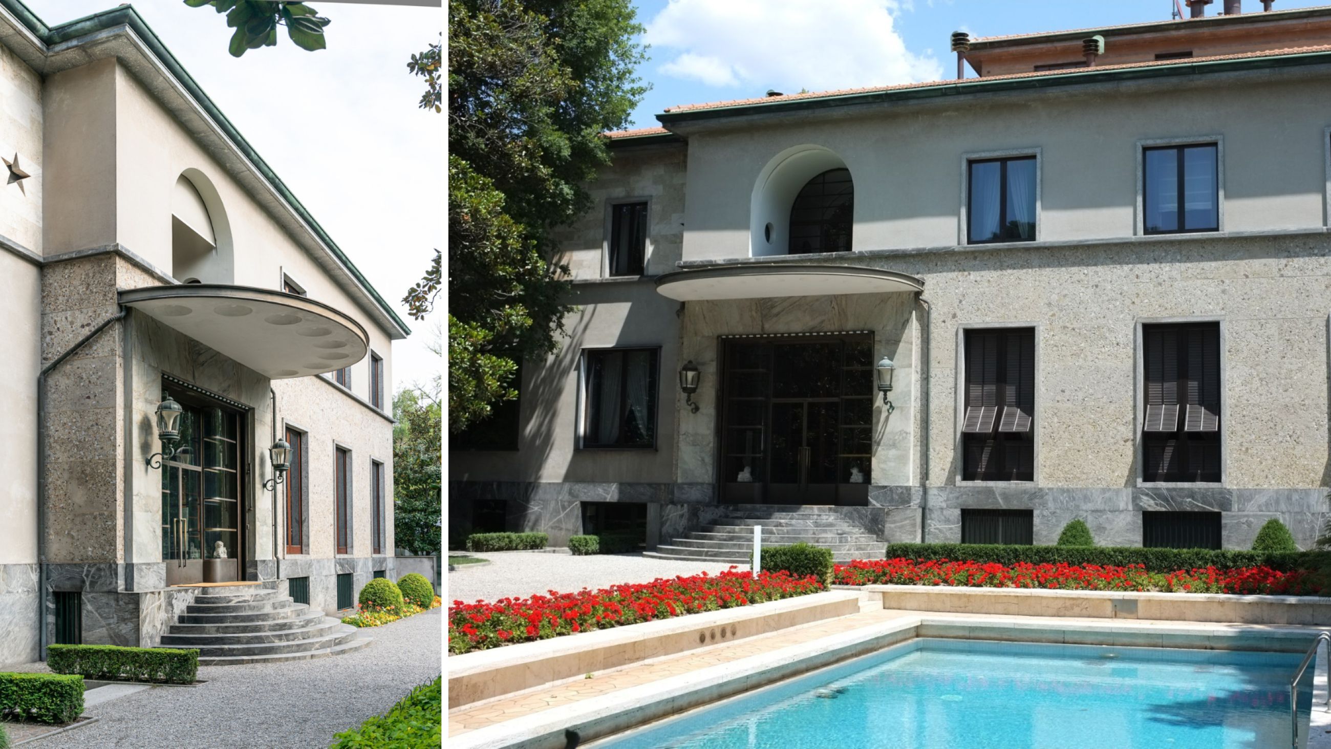 Da sinistra: L'ingresso di Villa Necchi Campiglio, capolavoro di Piero Portaluppi. Courtesy Lorenzo Pennati; Il giardino e la storica piscina di Villa Necchi Campiglio - Courtesy Italy Chronicles Photos/Wikimedia Commons
