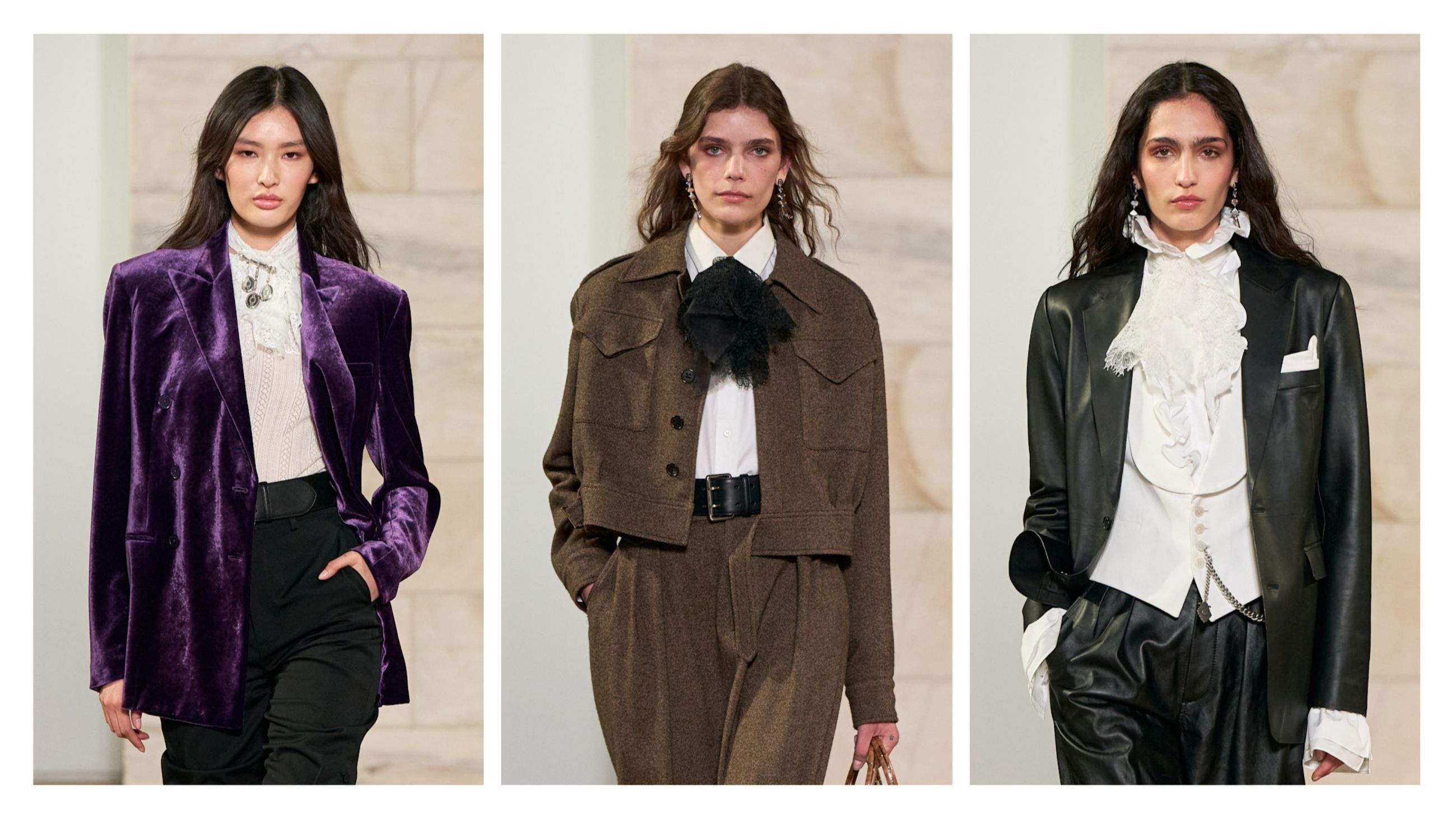 Alcuni look dalla sfilata di Ralph Lauren FW2526: le camicette con il fiocco di pizzo ricordano l’abbigliamento francese del 1700, strizzando l’occhio allo stile Rococò - Credits: Launchmetrics.com/Spotlight