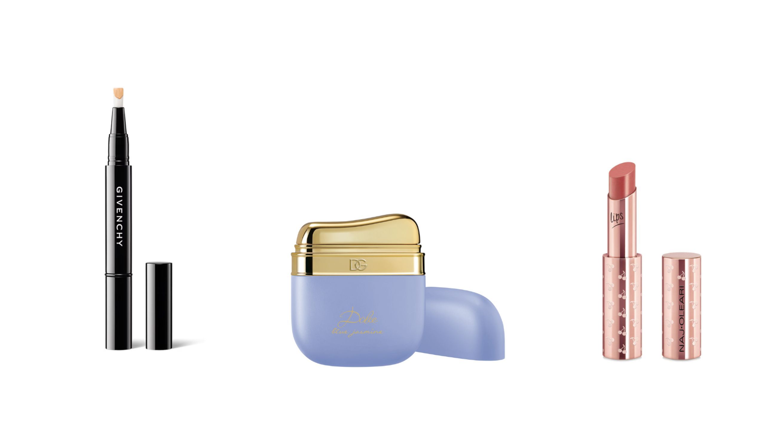 Da sinistra: Givenchy, Mister Correcteur; Dolce & Gabbana, Dolce Blue Jasmine; Naj Oleari Beauty, Tender Glow Lip Balm - Courtesy Press Office