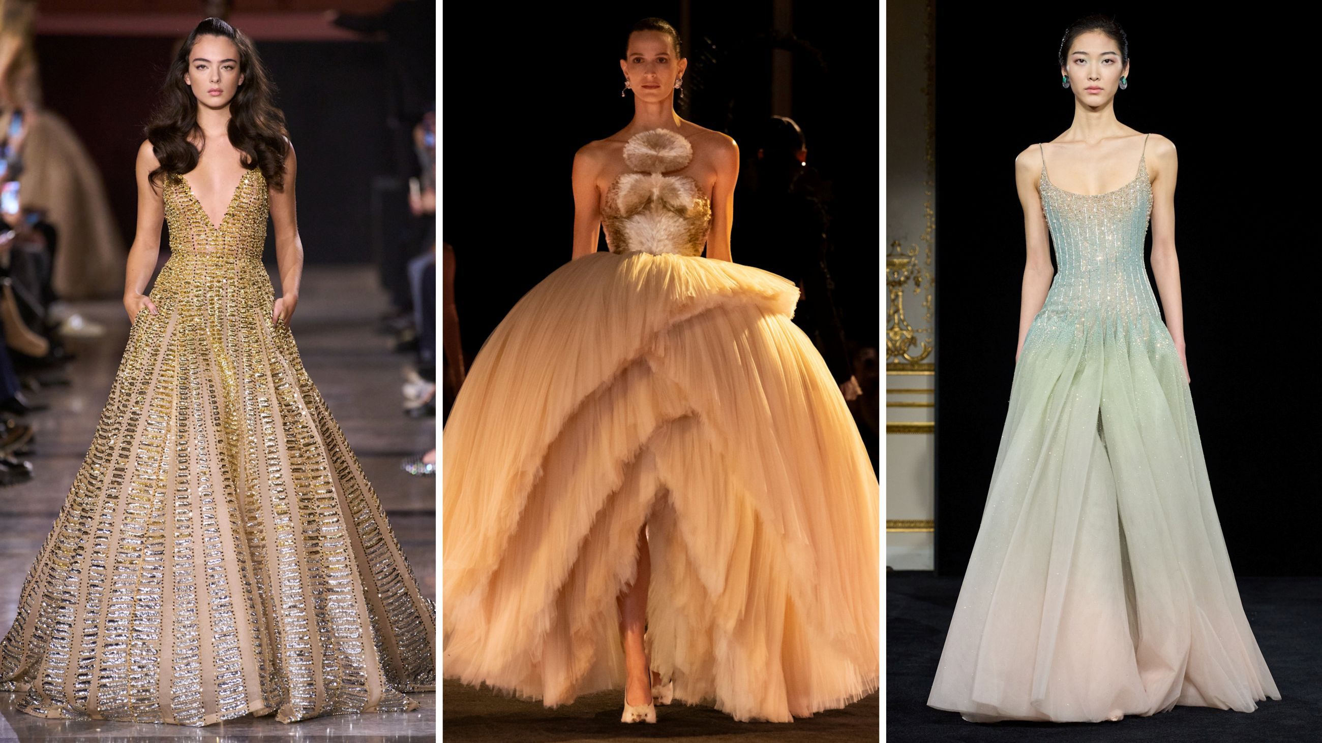 Dalle passerelle Haute Couture PE26: da sinistra, abiti di Elie Saab, Elsa Schiaparelli e Giorgio Armani - Credits: Launchmetrics.com/Spotlight