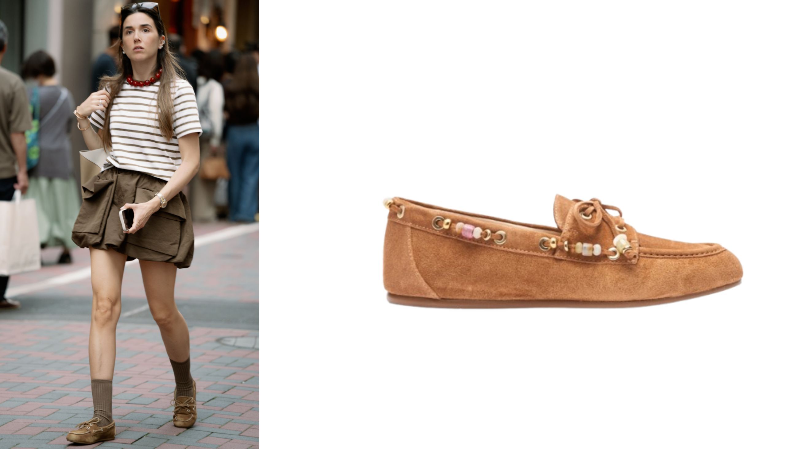 Da sinistra: Street Style Tokyo - Credits Getty Images; Stuart Weitzman Mocassini Majorca Tinsley in Golden Olive - Credits Brand/Press Office