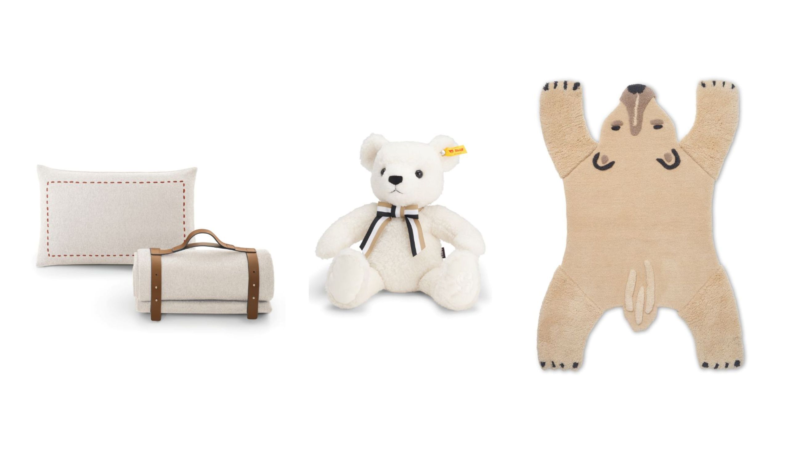 Travel Set Thalina di Giorgetti Maserati Edition; Holly, orsetto BOSS x Steiff; Tappeto Orso Polare di Ferm Living - Courtesy Press Office
