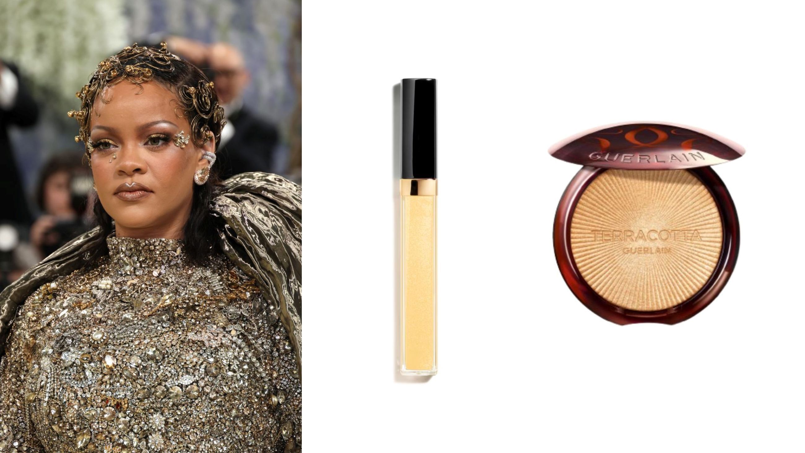 Rihanna; Chanel, Rouge Coco Hydra Gloss; Guerlain, Terracotta Luminizer - Credits: Getty Images; Courtesy Press Office