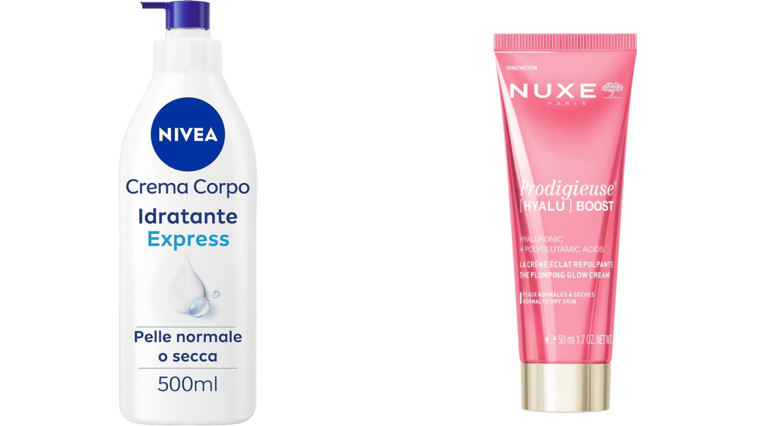 Da sinistra: Nivea, Nivea Corpo Idratante Express; Nuxe, Prodigieuse Hyalu Boost - Courtesy Press Office