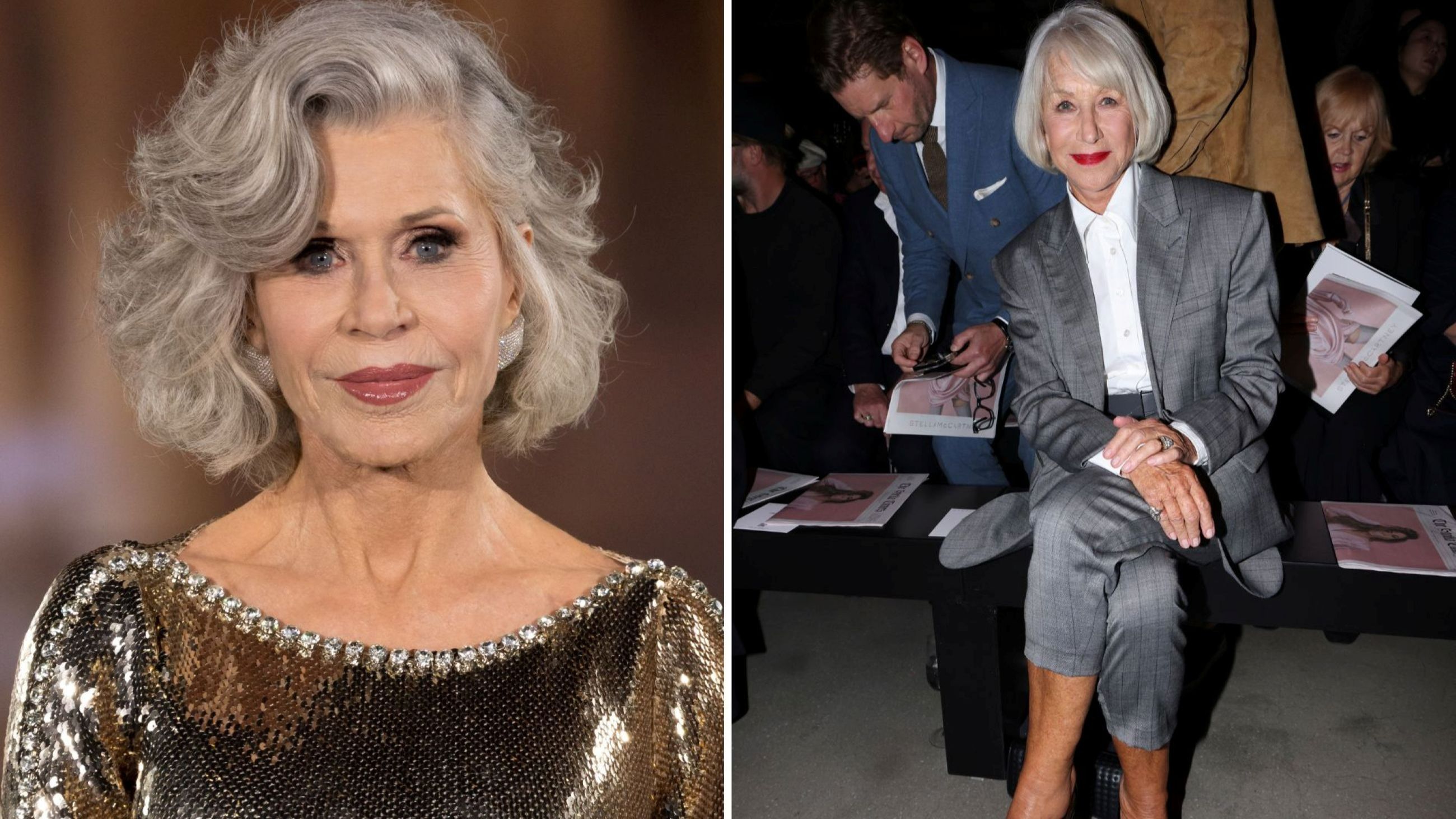 Jane Fonda sfila in passerella durante lo show Le Défilé. Liberté, Égalité, Sororité "You're Worth It" di L'Oréal Paris, collezione Donna Primavera/Estate 2026, nell’ambito della Settimana della Moda di Parigi 2025, presso l’Hôtel de Ville; Dame Helen Mirren alla sfilata Stella McCartney Womenswear Primavera/Estate 2026 durante la Settimana della Moda di Parigi 2025 - Credits: Getty Images