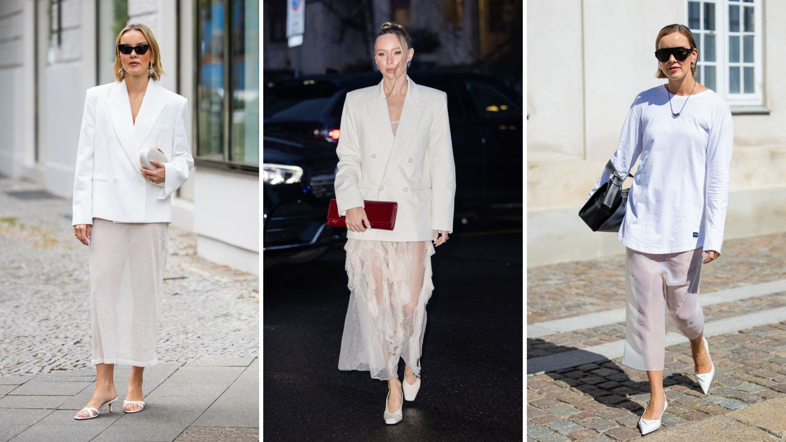Street style, gonne trasparenti con look total white - Credits: Getty Images