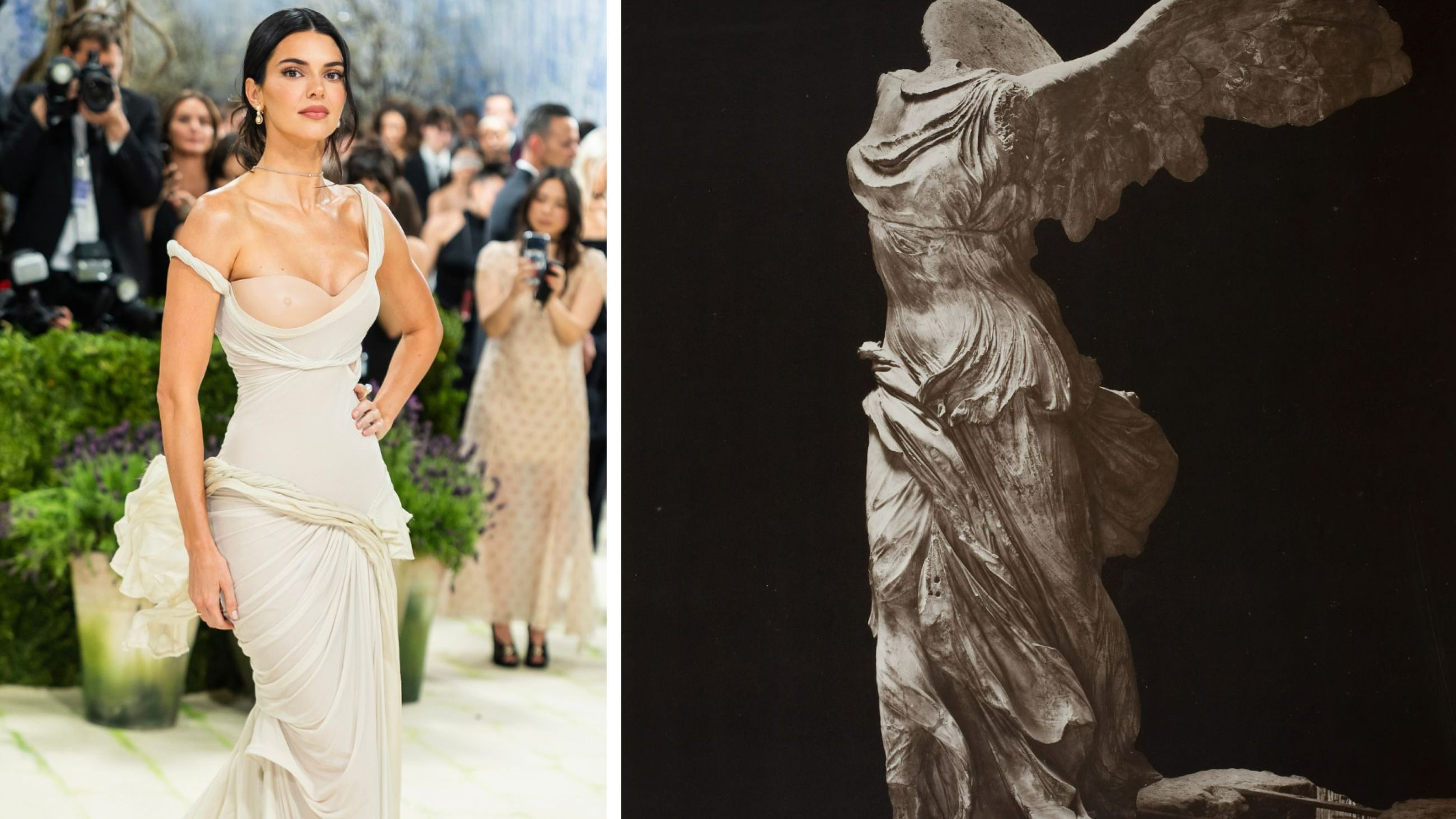 A sinistra: Kendall Jenner al Met Gala 2026 - Credits Getty Images; a destra: Nike di Samotracia, 200-180 a.C.