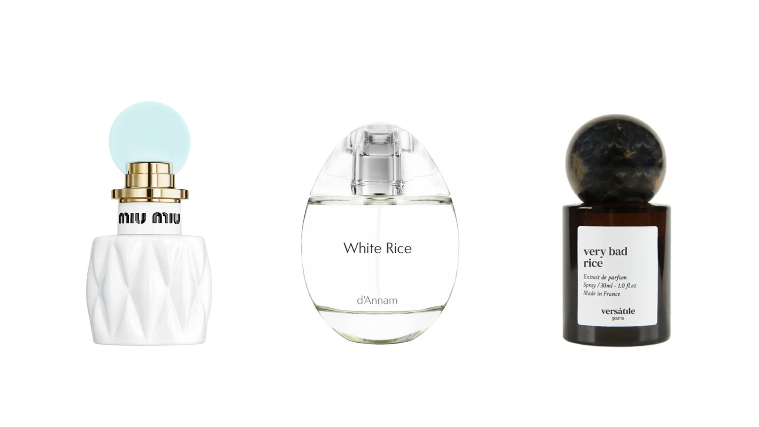 Da sinistra: Miu Miu, Fleur de Lait; D'Annam, White Rice; Versatile Paris, Very Bad Rice - Courtesy Press Office