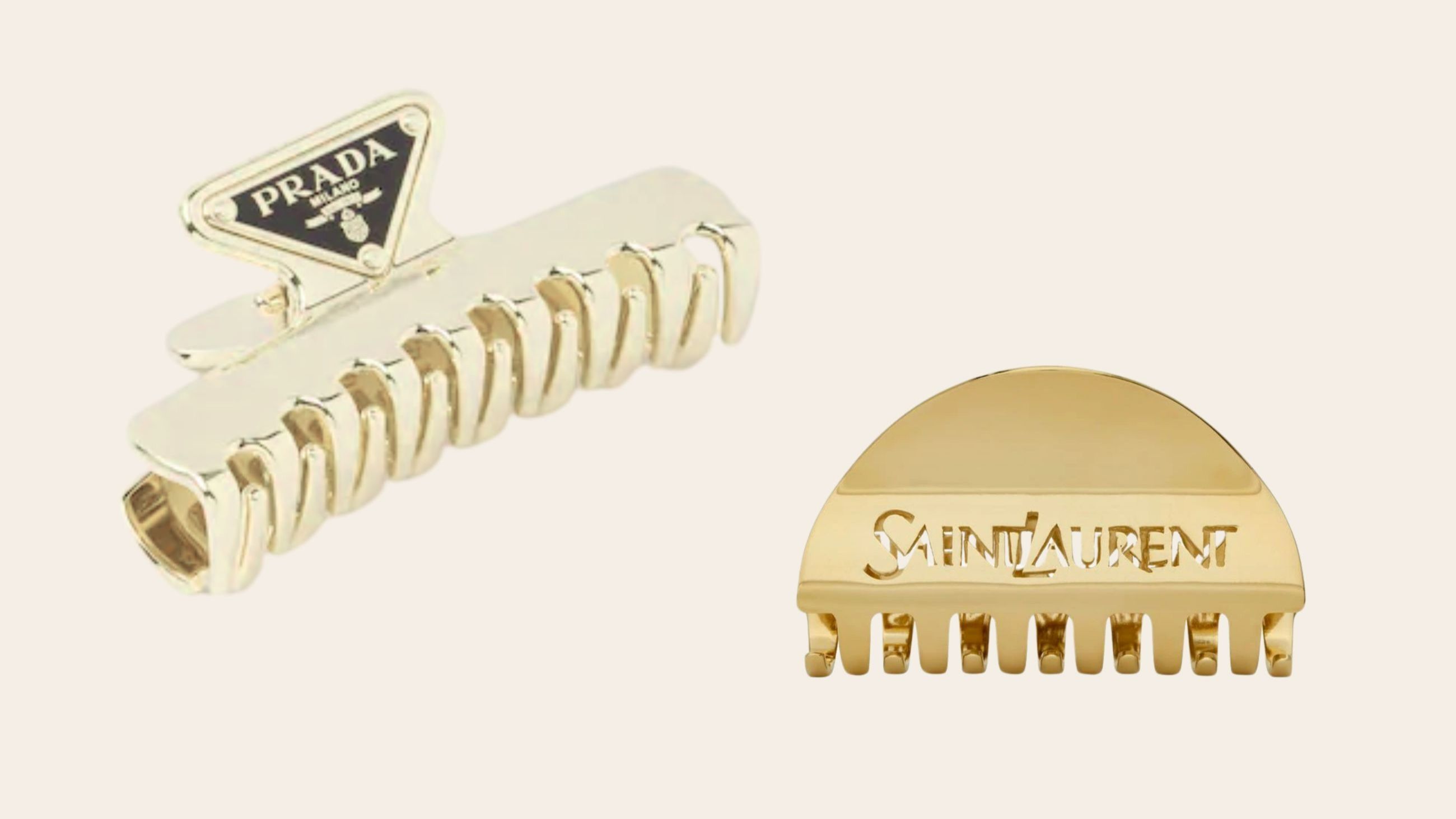 Hair clip dalle tonalità dorate: a sinistra un accessorio di Prada e a destra un modello firmato Saint Laurent - Credits: www.prada.com, www.ysl.com 