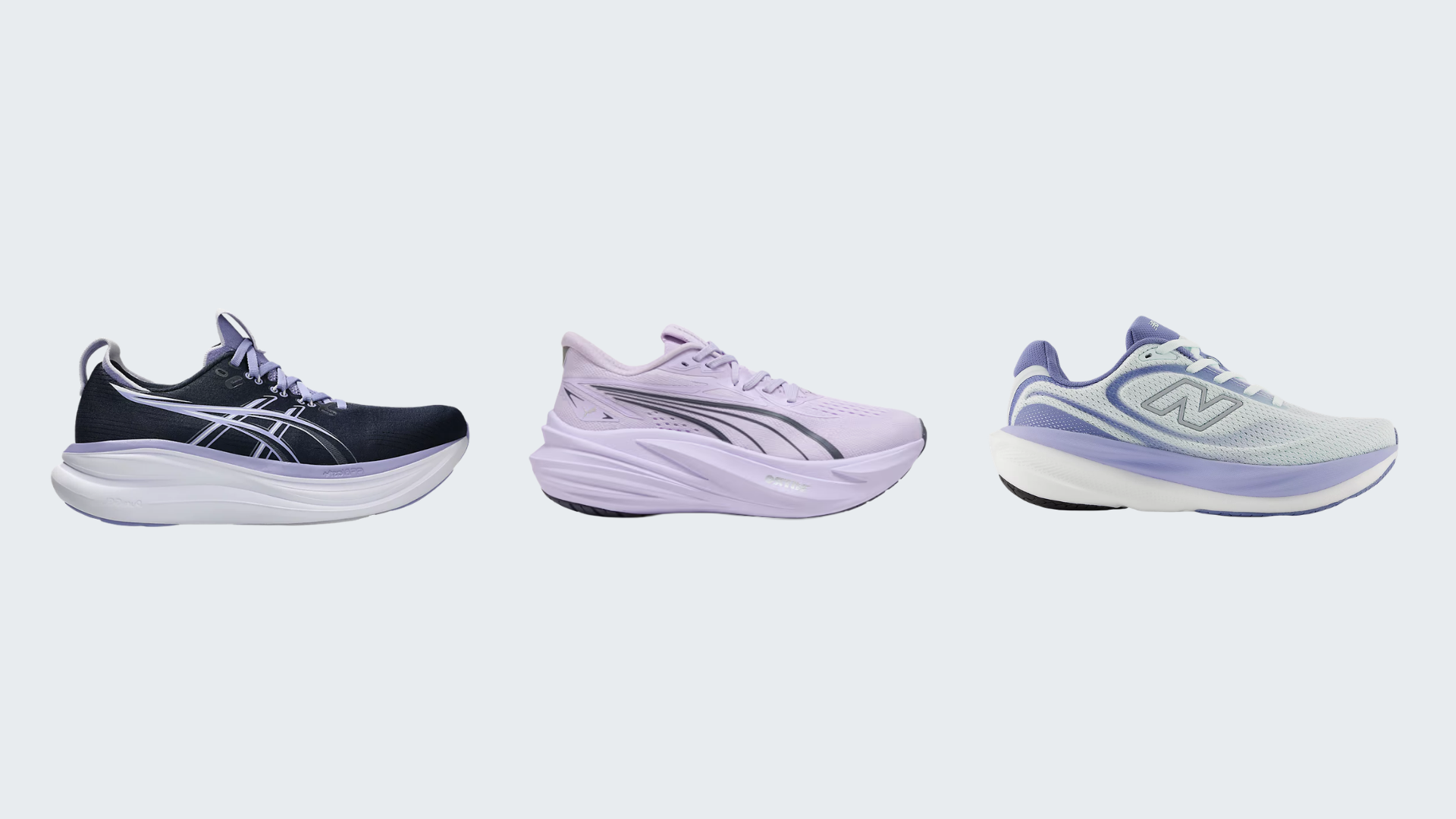 Da sinistra: Asics Gel-Nimbus 28; Puma Mag Max Nitro 2; New Balance 1080v15
