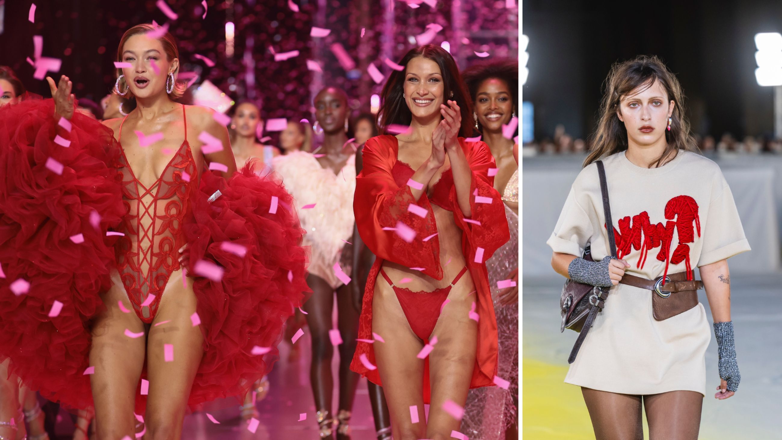 A sinistra: Gigi e Bella Hadid sfilano durante lo show di Victoria's Secret, 2024; A destra: Aydan Nix sfila durante la sfilata di moda Desigual, 2025 - Credits Getty Images