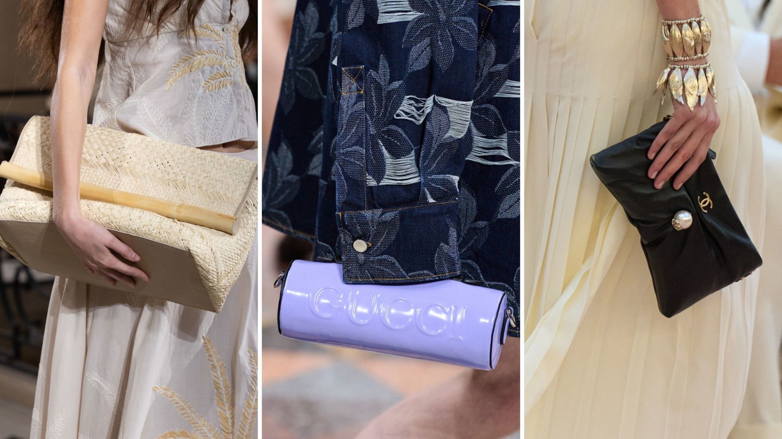 Da sinistra verso destra: Johanna Ortiz SS25, Gucci SS25, Chanel SS25. Credits: Launchmetrics.com/spotlight
