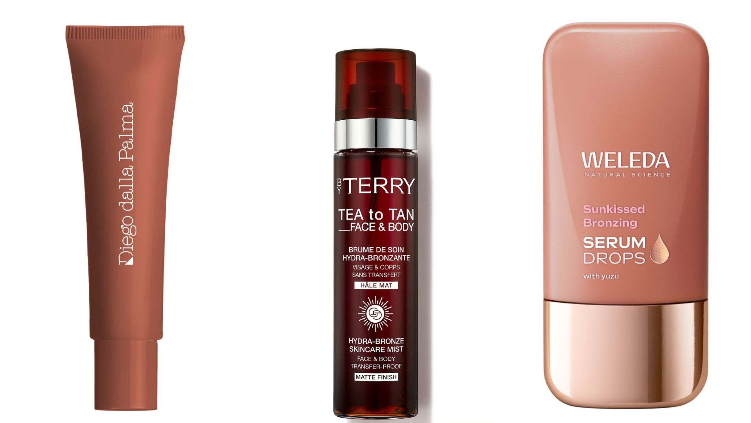 Diego Dalla Palma, Tanning Gel Enhancer; By Terry, Tea to Tan Face & Body; Weleda, Sunkissed Bronzing Serum Drops - Credits: Courtesy Press Office