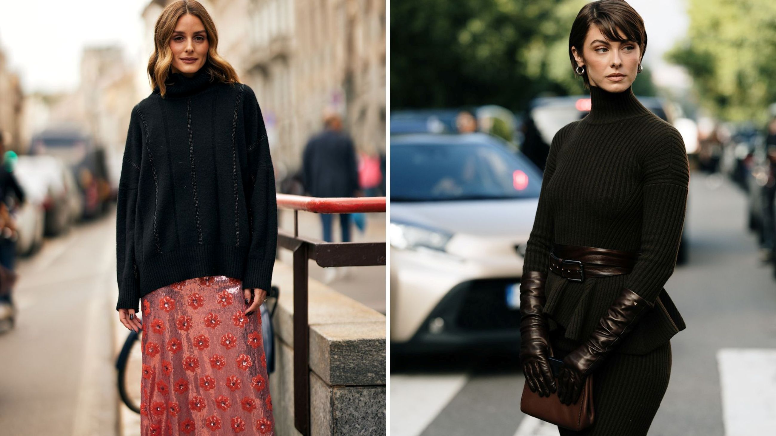 Due modi diversi di indossare il dolcevita nero, in versione over o aderente - Credits: Launchmetrics.com/Spotlight