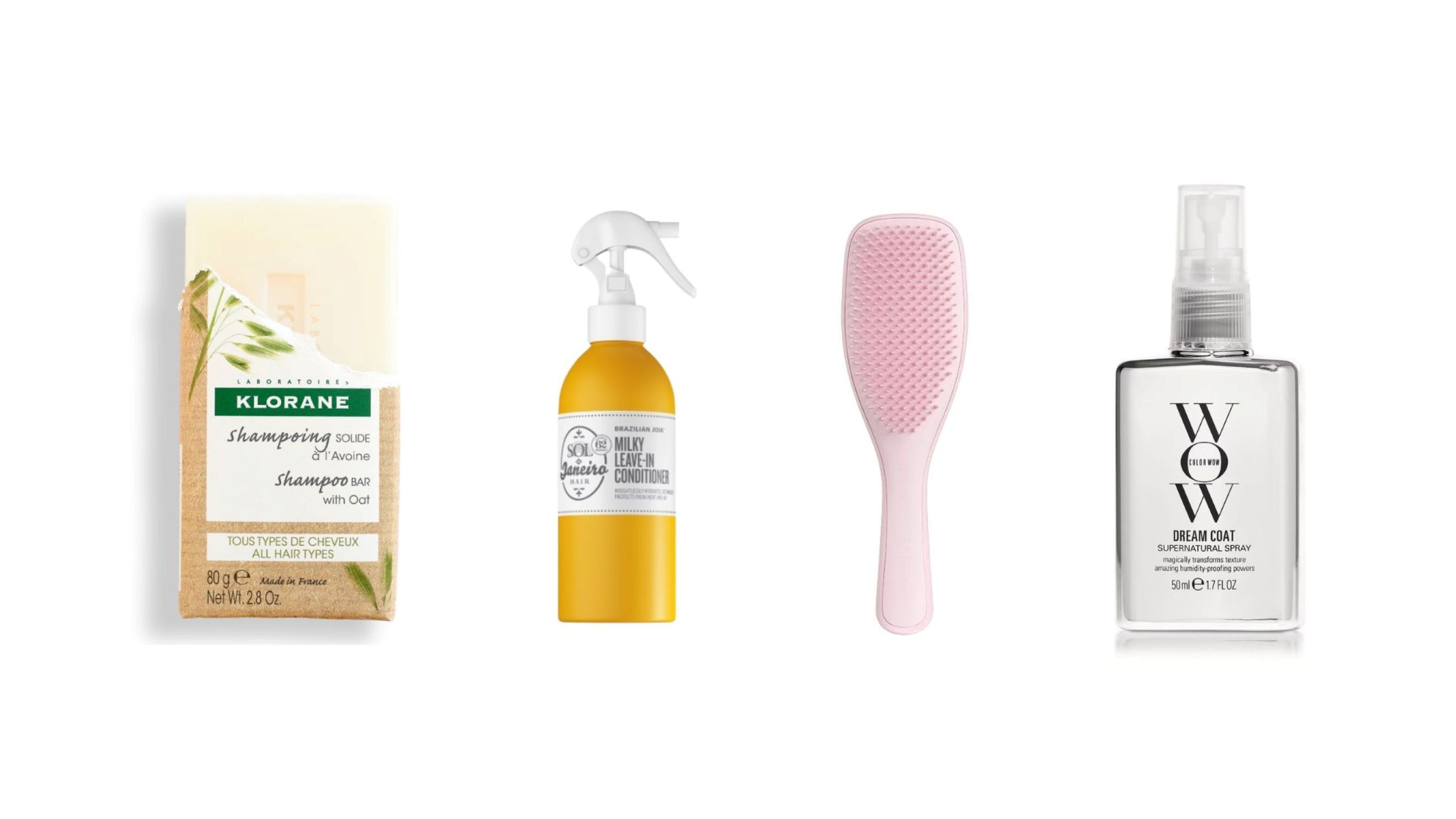 Da sinistra: Klorane, Shampoo Solido all'Avena; Sol de Janeiro, Milky Leave-in Conditioner; Tangle Teezer, The Ultimate Detangler; Color Wow Dream Coat Supernatural Spray - Courtesy Press Office