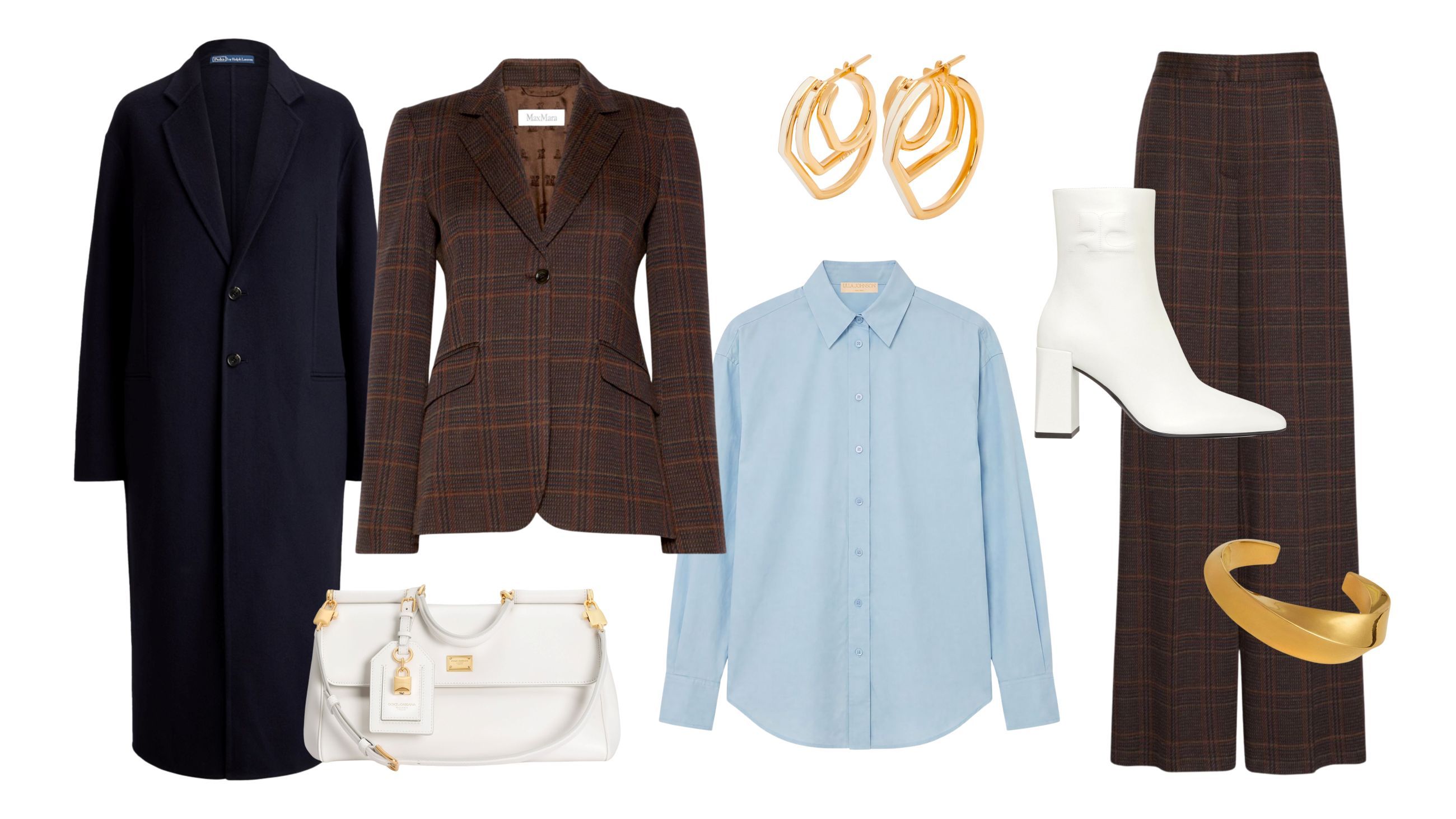 Cappotto Polo Ralph Lauren, tailleur giacca e pantalone Max Mara, camicia Ulla Johnson, stivaletti Courrèges, borsa Dolce&Gabbana, orecchini Loewe, bracciale Golden Goose