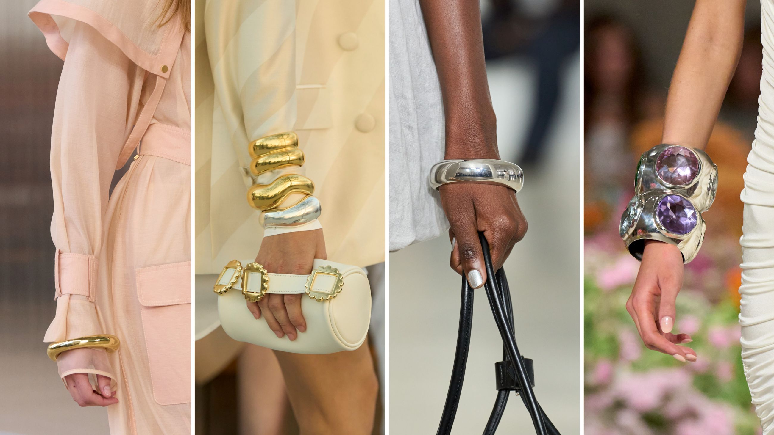 Nelle sfilate PE26 i bracciali tondi brillano di luce propria, tra riflessi dorati e bagliori argentati. Da sinistra, maxi bangle di Aje, Cynthia Rowley, Private Policy e Patbo - Credits: Launchmetrics.com/Spotlight