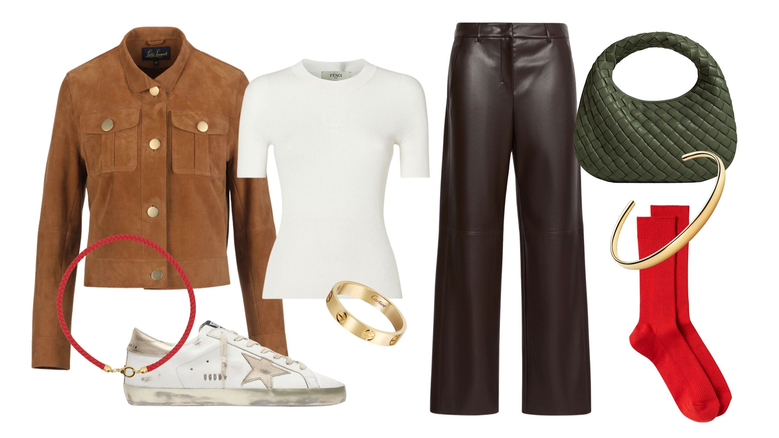 Giubbino, Luisa Spagnoli; t-shirt, Fendi; pantaloni, Max Mara; calzettoni, & Other Stories; scarpe, Golden Goose; borsa, Bottega Veneta; collana, Rue de Milles; anello, Cartier; bracciale, Pandora