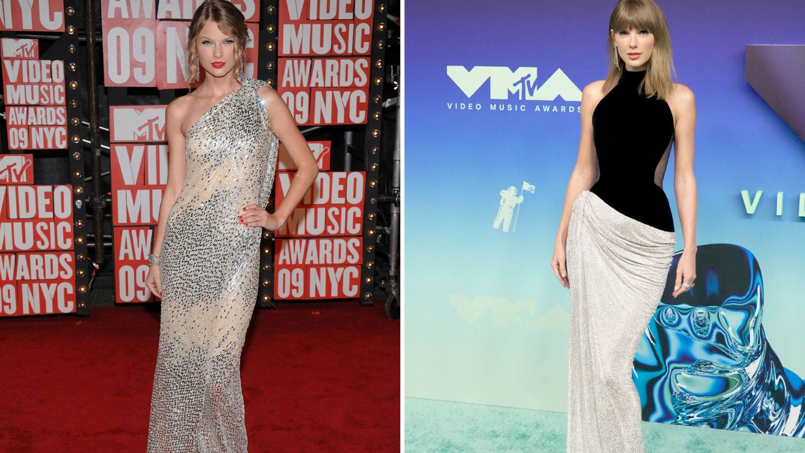L'outfit di Taylor Swift sul carpet dei VMA 2009 anno in cui Kanye West la insulta sul palco VS L'outfit di Taylor Swift sul carpet dei VMA 2016 con un look che ricorda quello del 2009 ma si evolve nello stile e si distingue per eleganza - Credits: Getty Images