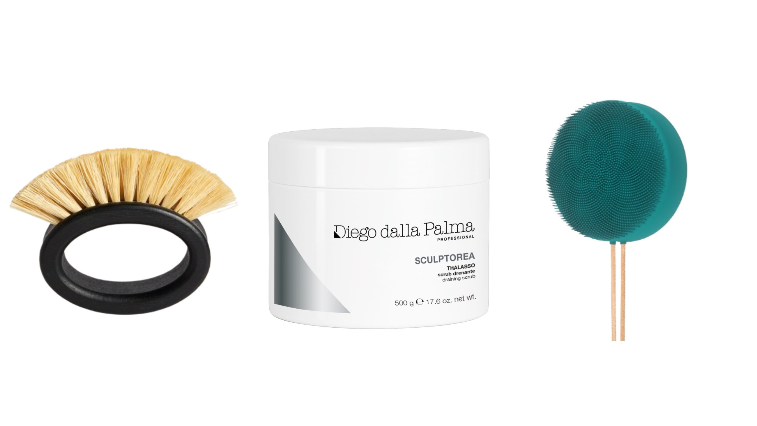 Da sinistra: Diego dalla Palma, Sculptorea Draining Thalasso Scrub; Foreo, Luna™ 4 Body; Lávika, Body Brush - Credits Courtesy Press Office