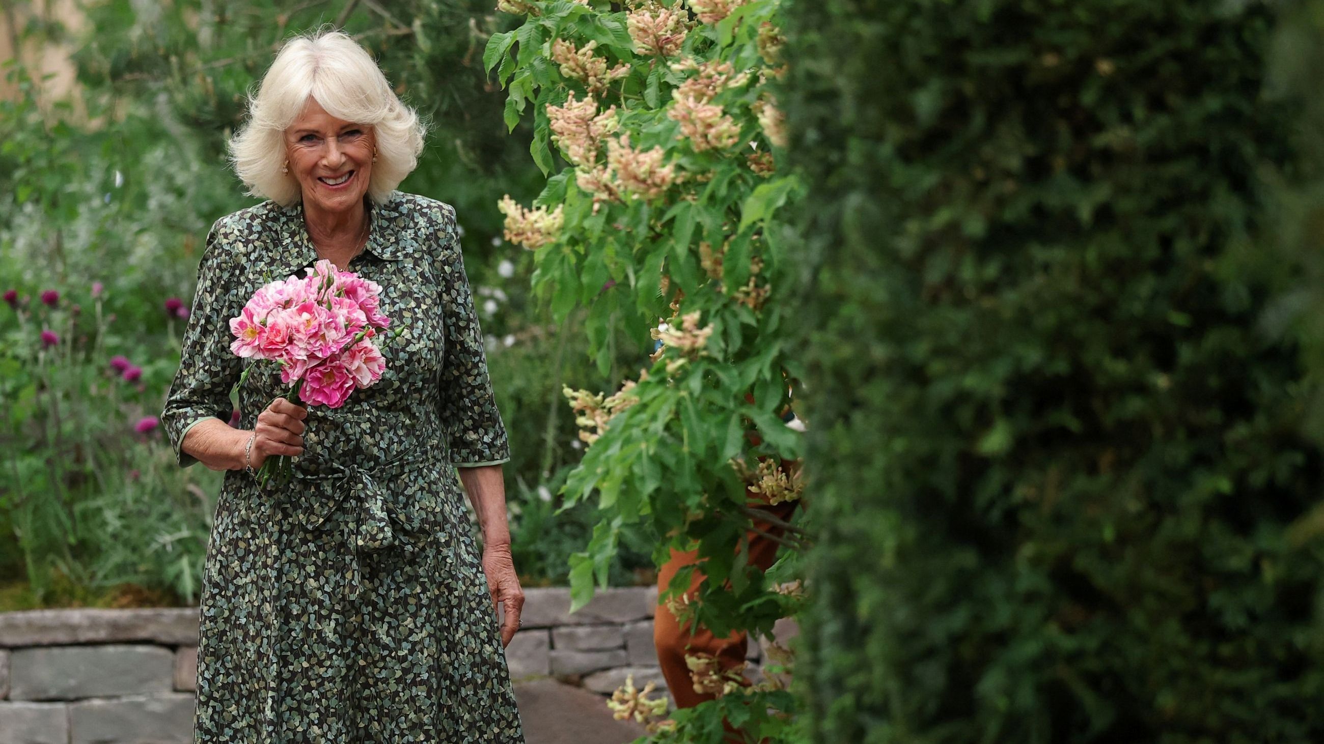 La regina Camilla tiene in mano rose chiamate "The King's Rose", delle David Austin Roses, durante una visita all'RHS Chelsea Flower Show presso il Royal Hospital Chelsea il 20 maggio 2025 a Londra - Credits Getty Images