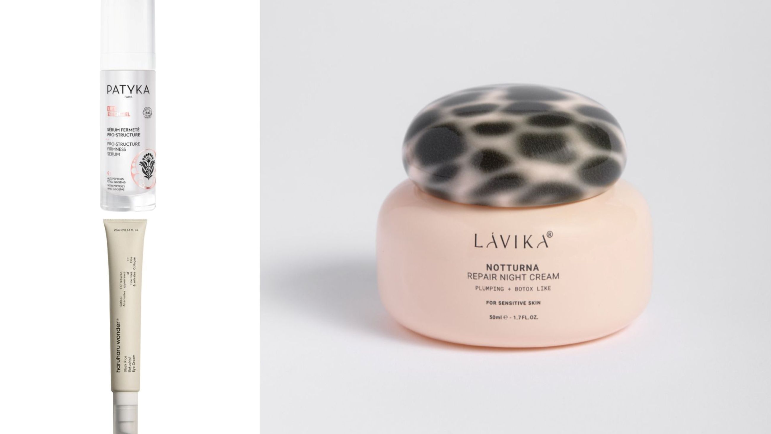 Patyka, Serum Fermeté; HaruHaru Wonder, Black Rice Bakuchiol Eye Cream; Làvika, Notturna Repair Night Cream - Credits: Courtesy Press Office