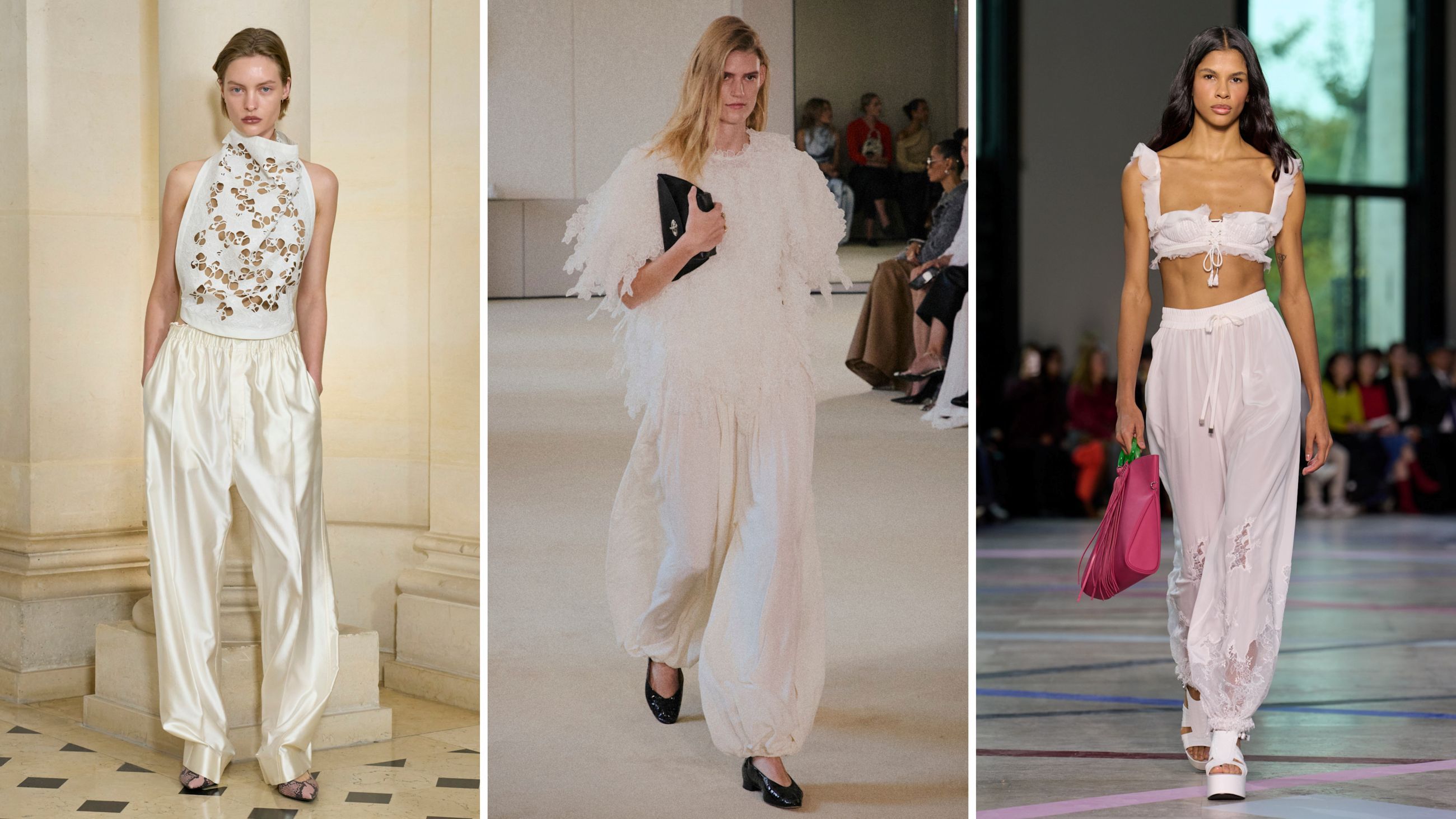 I pantaloni a palloncino sono capi freschi e grintosi che conferiscono ai look una delicata allure orientale. Dalle sfilate PE26: da sinistra look Carven; Altuzarra; Schiatzy Chen - Credits: Launchmetrics.com/Spotlight