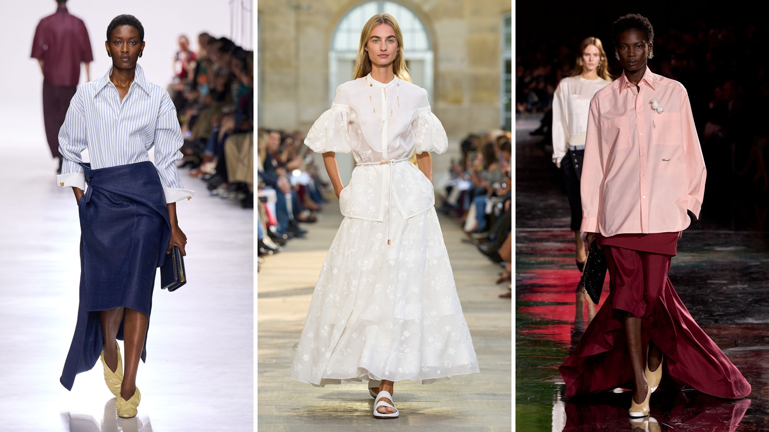 Dalle collezioni PE26: da sinistra Bottega Veneta; Gabriela Hearst; Chanel - Credits: Launchmetrics.com/Spotlight