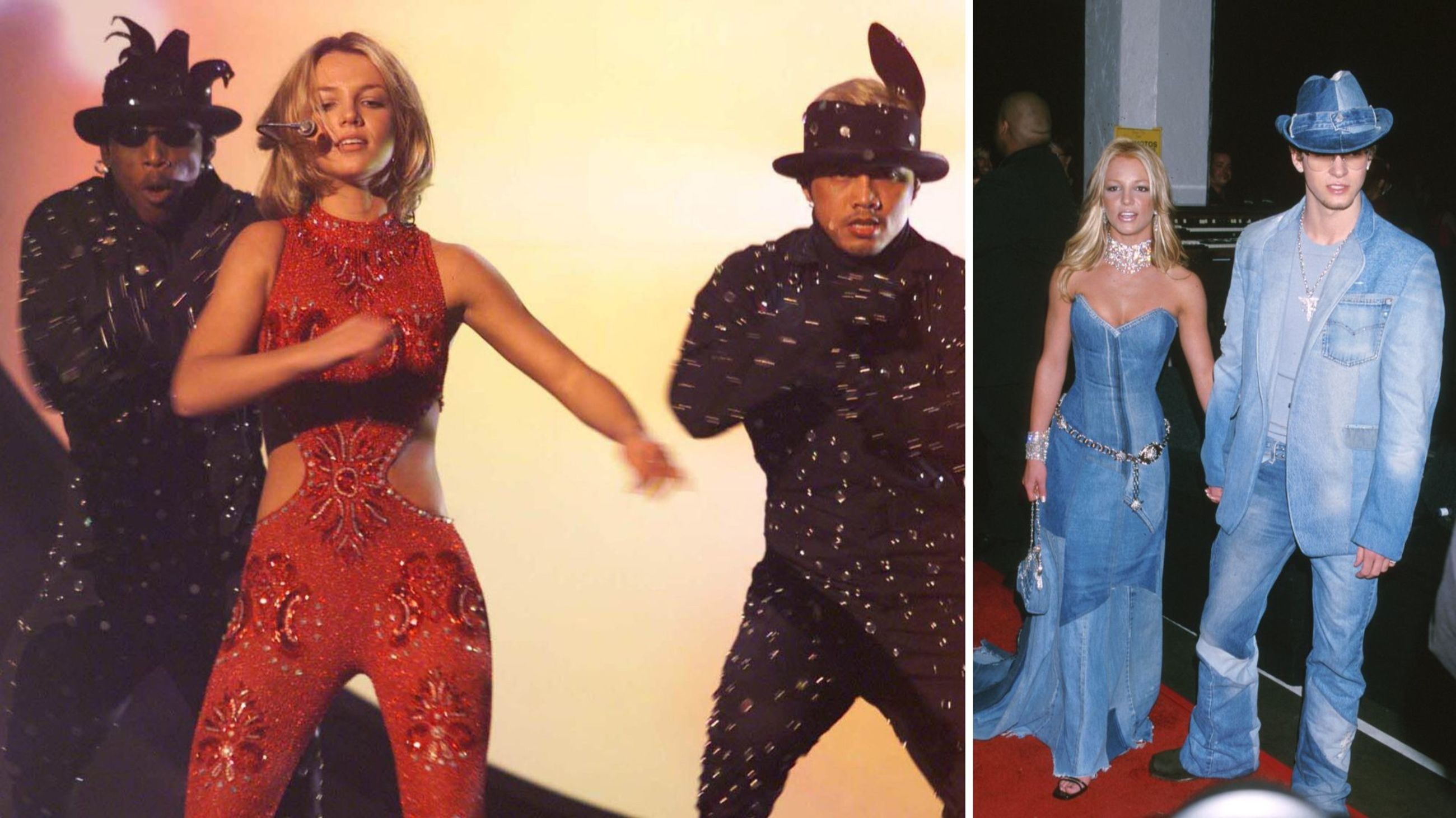 La pop star americana Britney Spears si esibisce sul palco durante la 42ª edizione dei Grammy Awards allo Staples Center il 23 febbraio 2000 a Los Angeles, negli Stati Uniti; Britney Spears e Justin Timberlake degli NSYNC - Credits: Getty Images