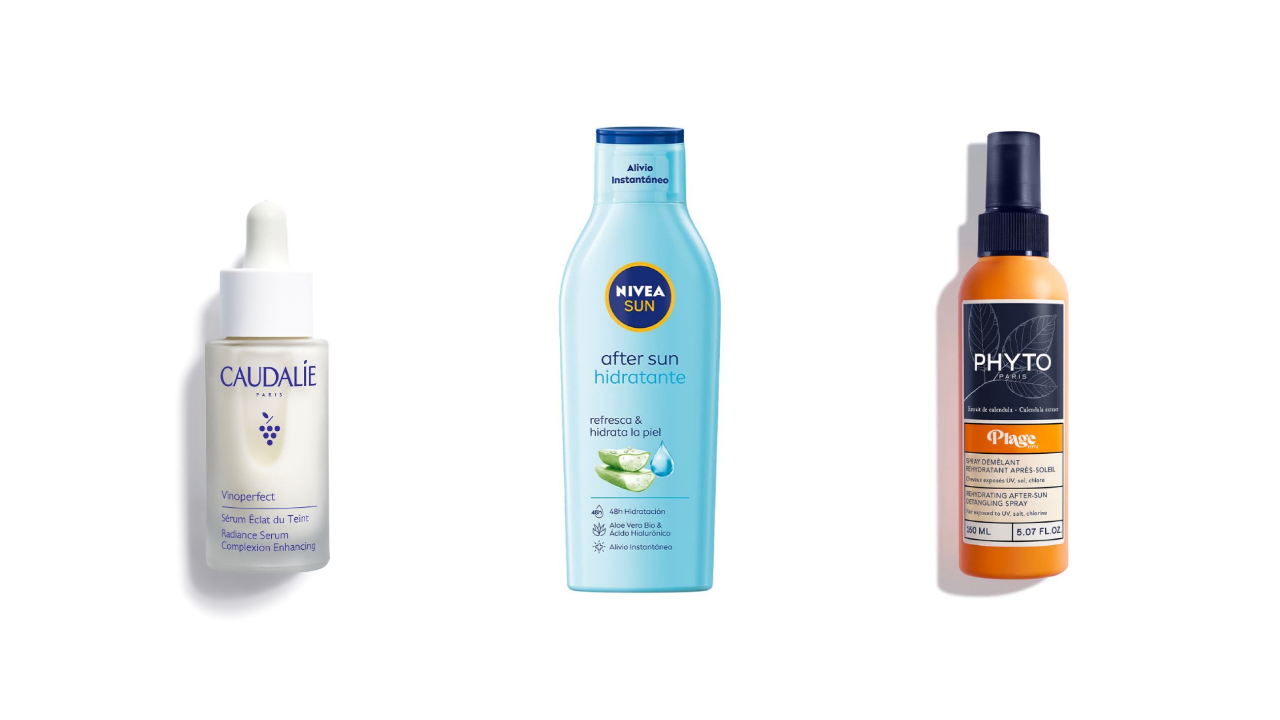 Da sinistra: Caudalie, Vinoperfect Siero Illuminante Anti-Macchie; Nivea Sun, Aftersun Idratante; Phyto, Plage Spray Idratante Districante Doposole - Courtesy Press Office