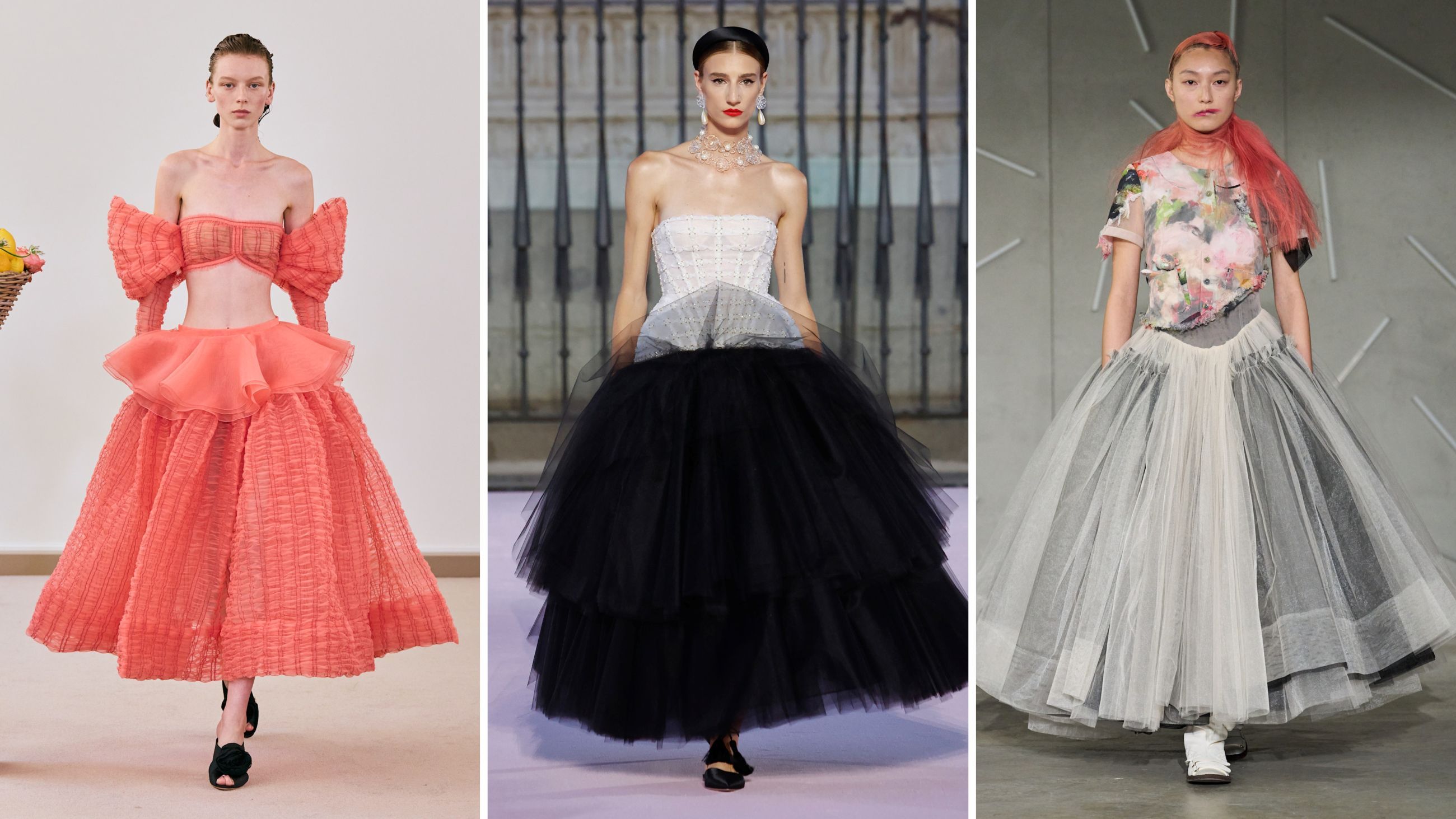 Dalle sfilate PE26: da sinistra creazioni di Giambattista Valli, Carolina Herrera e Caroline Hu – Credits: Launchmetrics.com/Spotlight