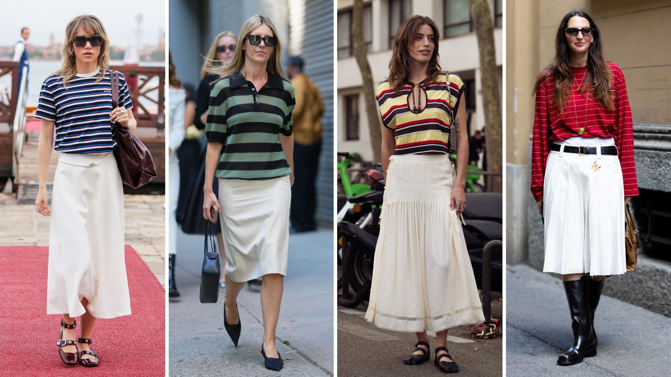 Da sinistra: Suki Waterhouse, indossando Make, posa durante l'82° Festival Internazionale del Cinema di Venezia, 2025; Street Style durante la New York Fashion Week, il 15 settembre 2025 a New York, New York; Street Style durante la New York Fashion Week,2025; Marta Oldrini durante la Milan Design Week 2026 il 22 aprile 2026 a Milano - Getty Images