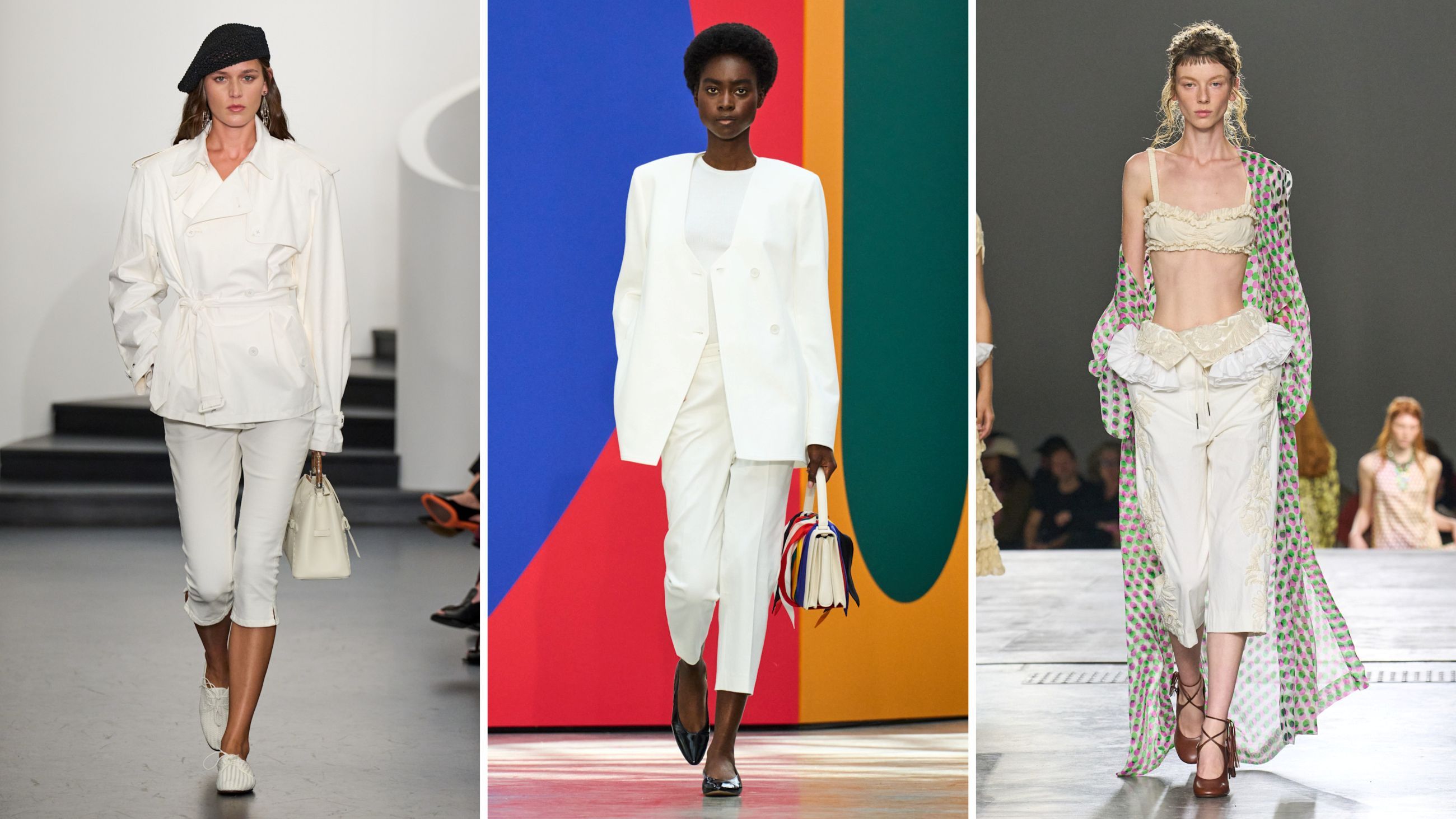 Atmosfere tirreniche con i Capri pants dallo stile anni ’50 alla Jackie O’. Dalle passerelle PE26: da sinistra outfit Ralph Lauren; Akris; Dries VAN Noten - Credits: Launchmetrics.com/Spotlight