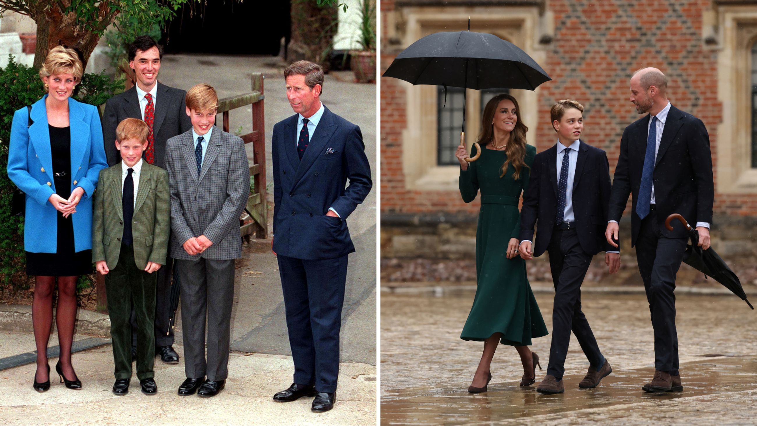A sinistra: Diana, Carlo, Harry e Andrew Gailey posano insieme a William in occasione del suo primo giorno di scuola, il 6 settembre 1995. A destra: Kate e William accompagnano il loro figlio tredicenne, il principe George, al suo primo giorno all’Eton College - Credits Getty Images 