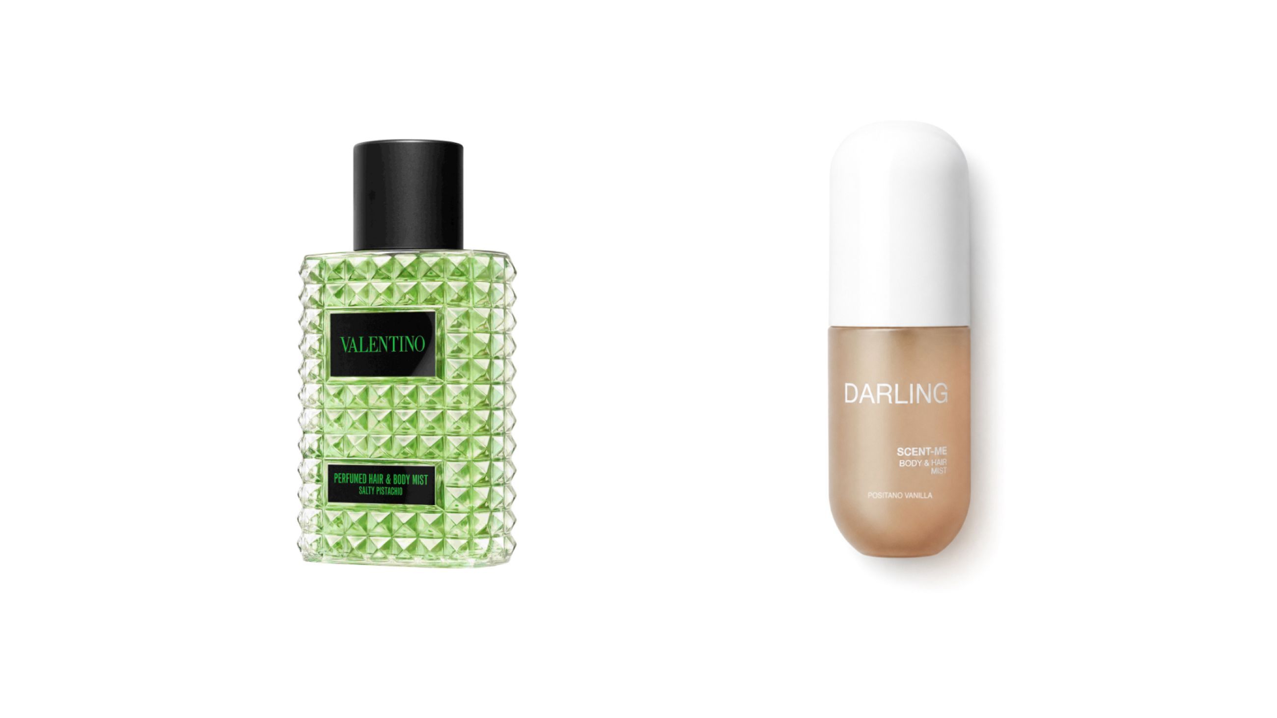 Da sinistra: Valentino Beauty, Hair & Body Mist Salty Pistachio; Darling, Scent-Me Body and Hair Mist - Courtesy Press Office