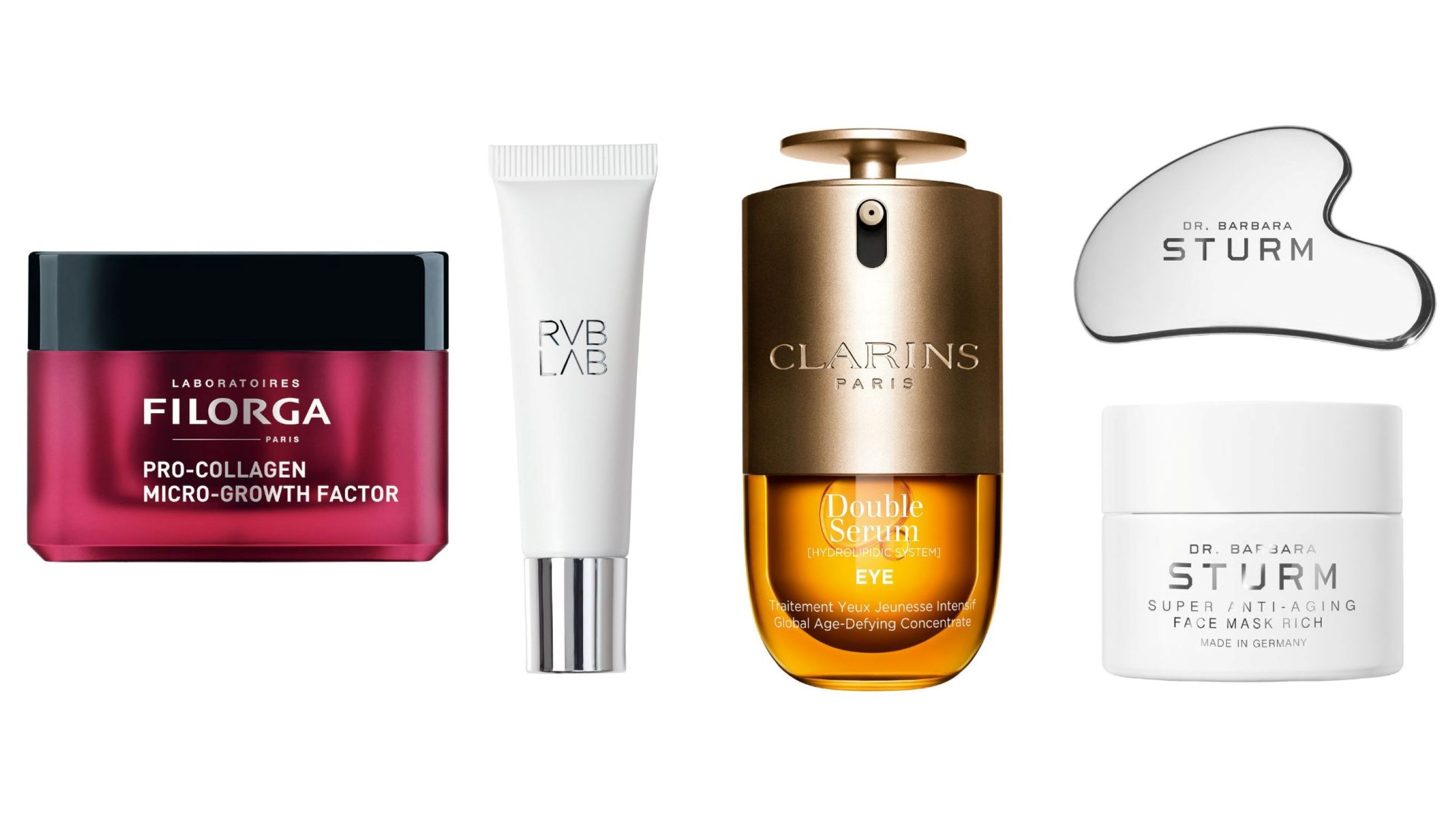 Filorga, Pro-Collagen Micro Growth Factor; RVB Lab, Peptide Lip Repair; Clarins, Double Serum Eye; Dr. Barbara Sturm, Super Anti-Ageing Face Mask Rich - Credits: Courtesy Press Office