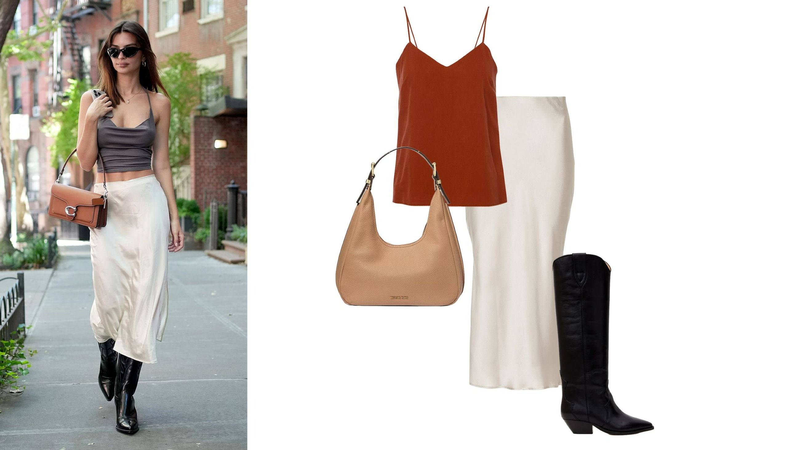 A sinistra: Emily Ratajkowski sfoggia un look minimal anni ‘90 - Credits Getty Images. Per imitare il suo stile: top Max Mara, gonna Brunello Cucinelli, borsa Michael Kors, stivali Isabel Marant - Courtesy Brand/Press Office 