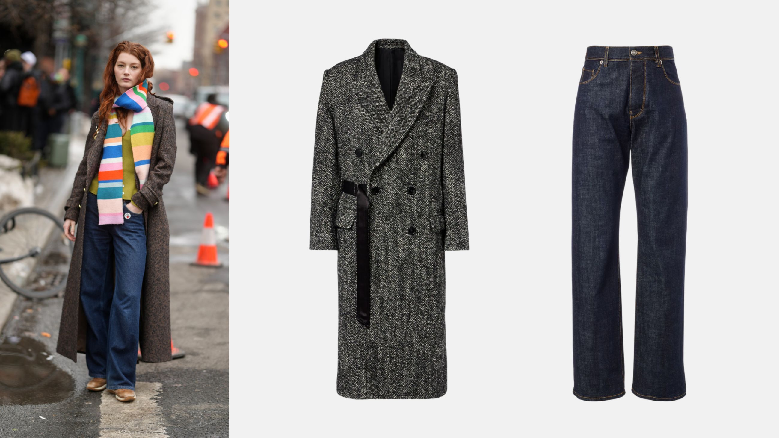 Da sinistra: Credits Getty Images; Cappotto Isabel Marant; Jeans Fendi
