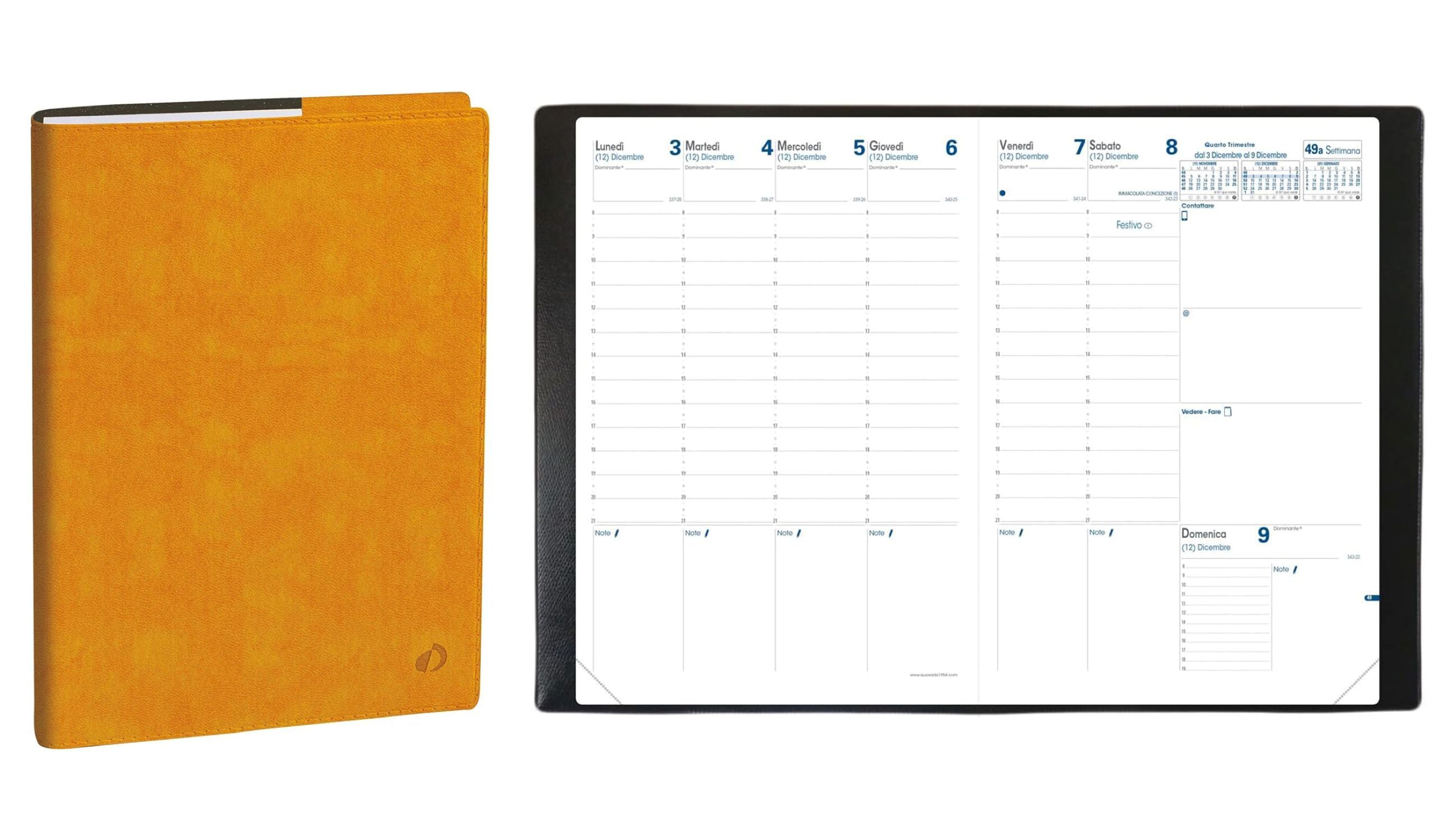 Agenda settimanale Quo Vadis Prenote: copertina morbida e layout orario verticale con panoramica completa settimanale dettagliata – Courtesy Press Office